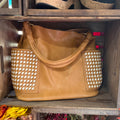 2-piece handbag set with tan leather hobo bag and woven diamond side pockets