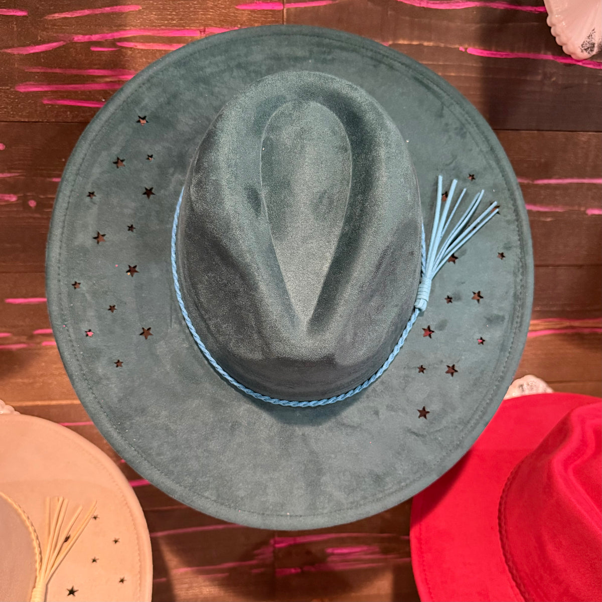 Midnight garden star-print hat in dark teal with oval crown and stitched brim