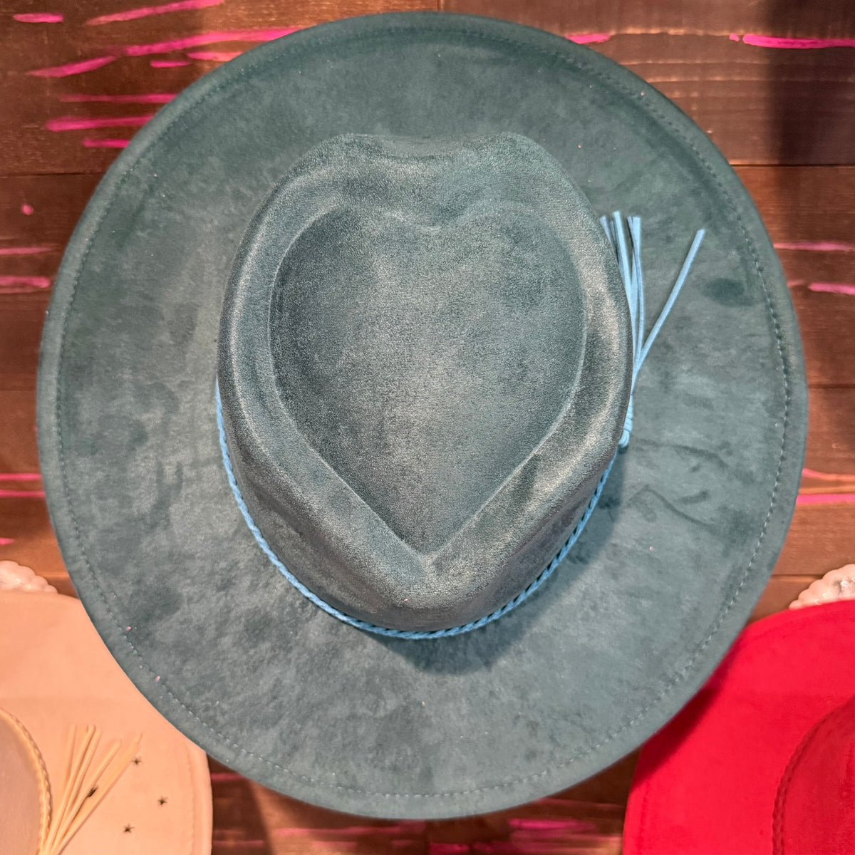 Gray felt wide-brim hat blank with raised heart-shaped inset and blue-stitched trim