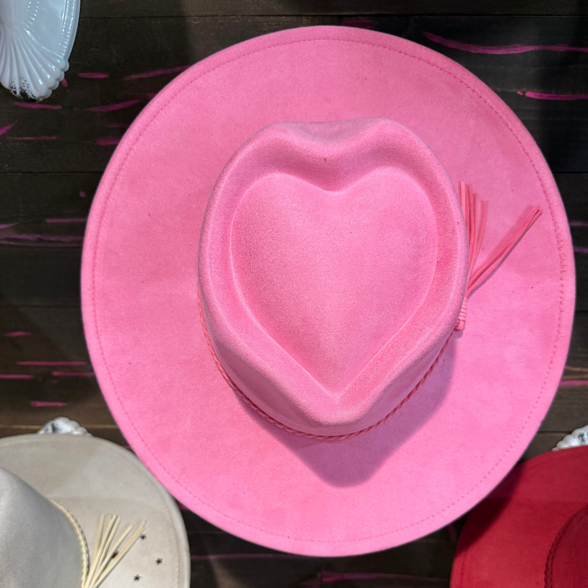 Pink felt wide-brim hat blank with raised heart-shaped inset and stitched brim