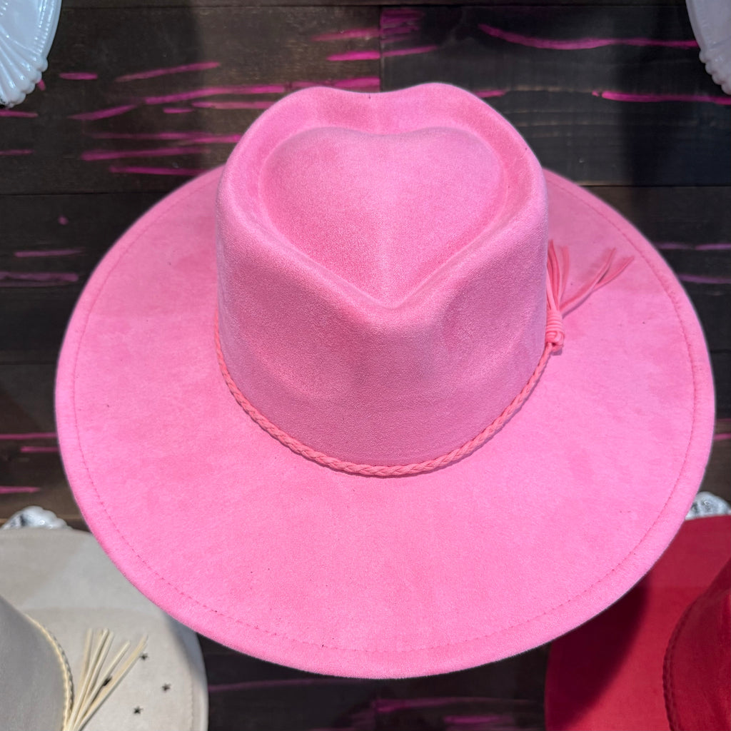 Pink felt wide-brim hat blank with heart-shaped crown insert and stitched side detail