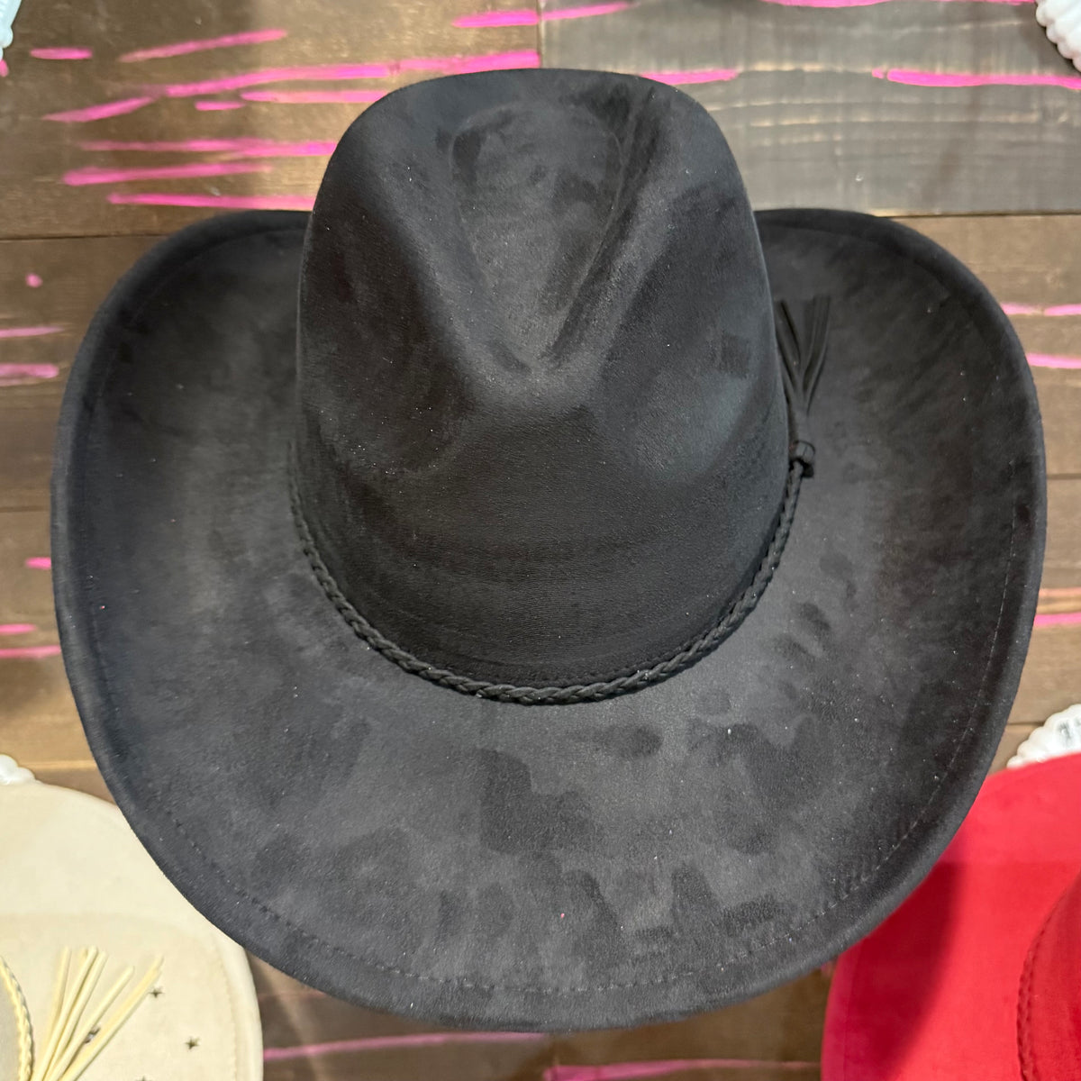Black vegan suede cowboy hat with wide brim and stitched band