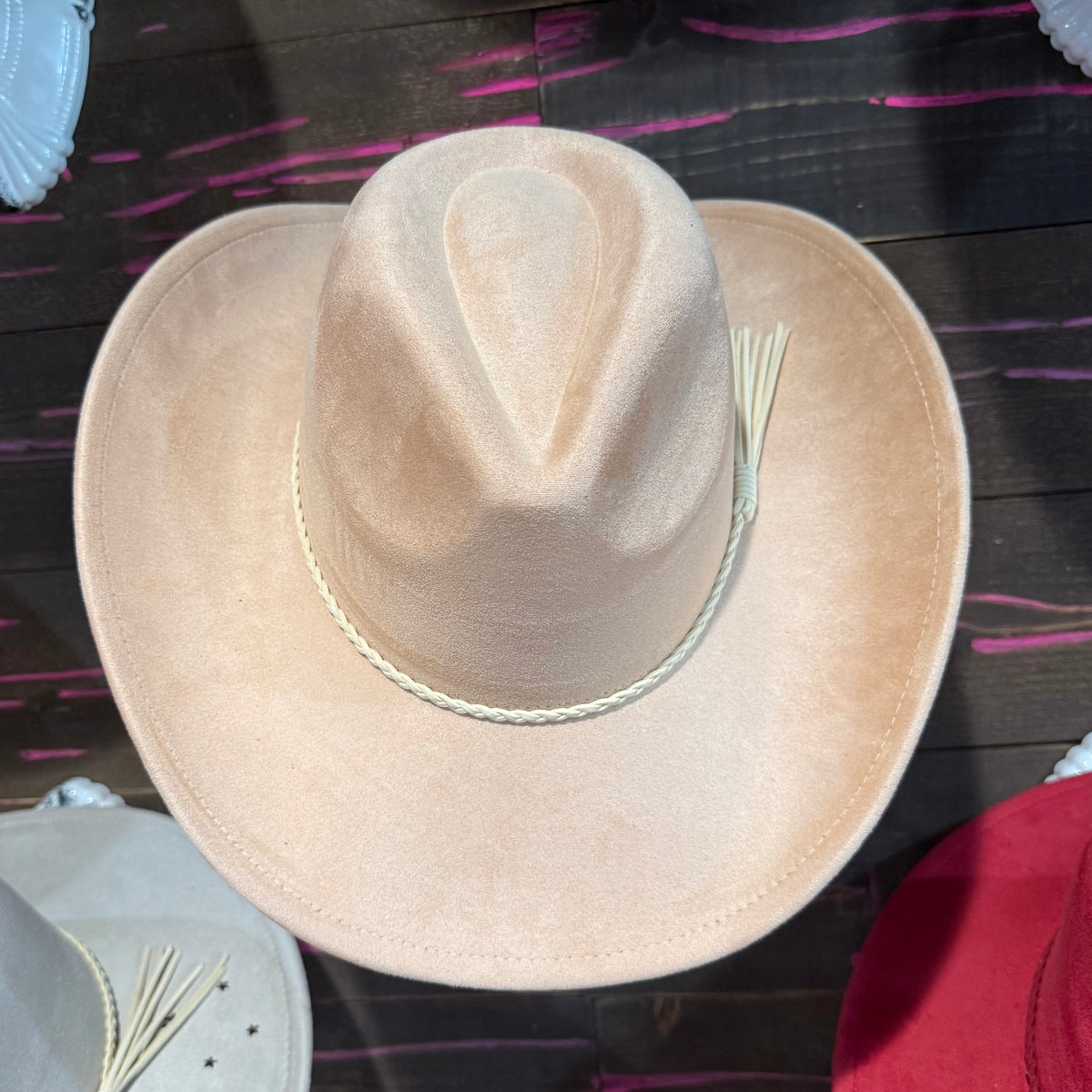 Apricot vegan suede cowboy hat with wide brim and stitched trim