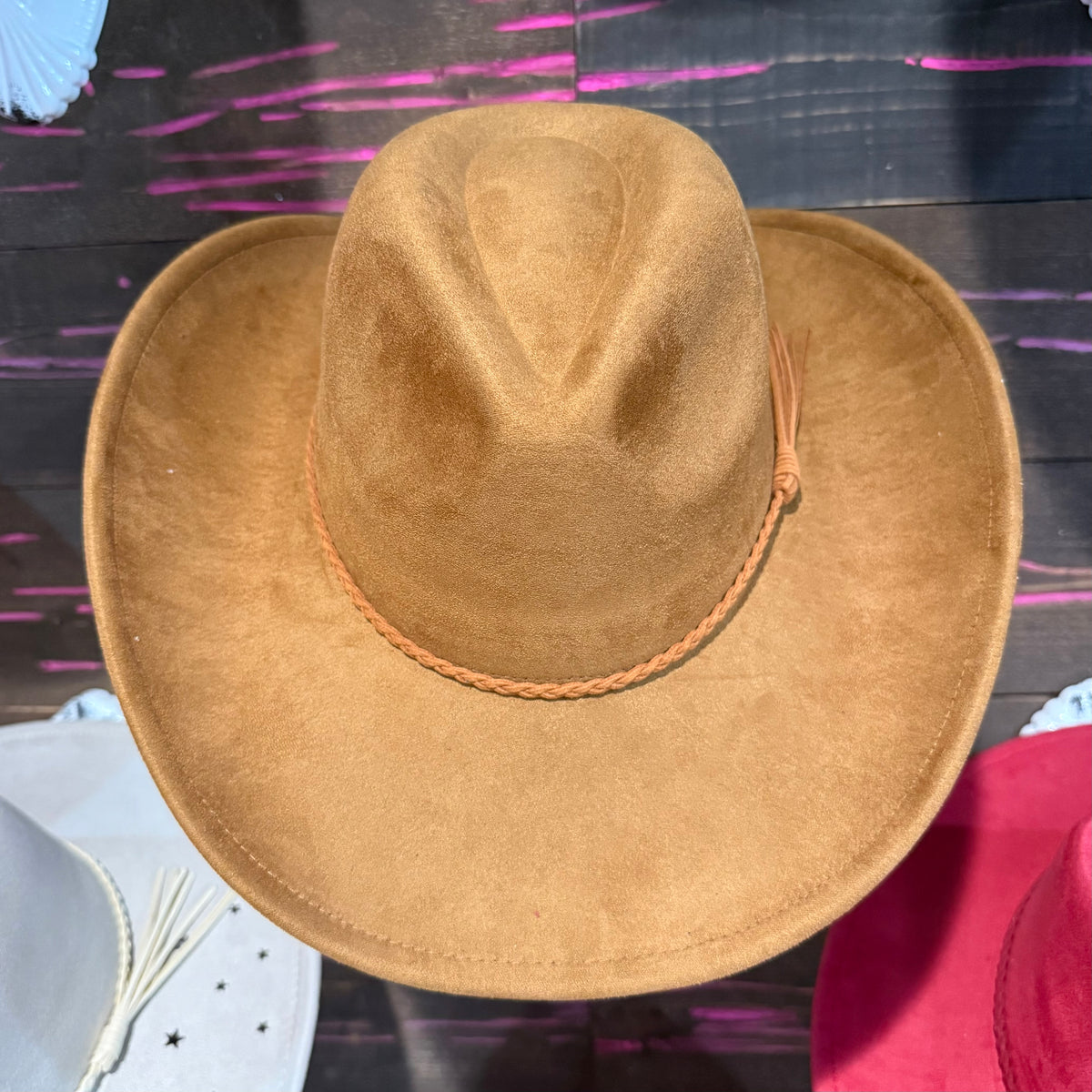 Camel vegan suede cowboy hat with wide brim and stitched band