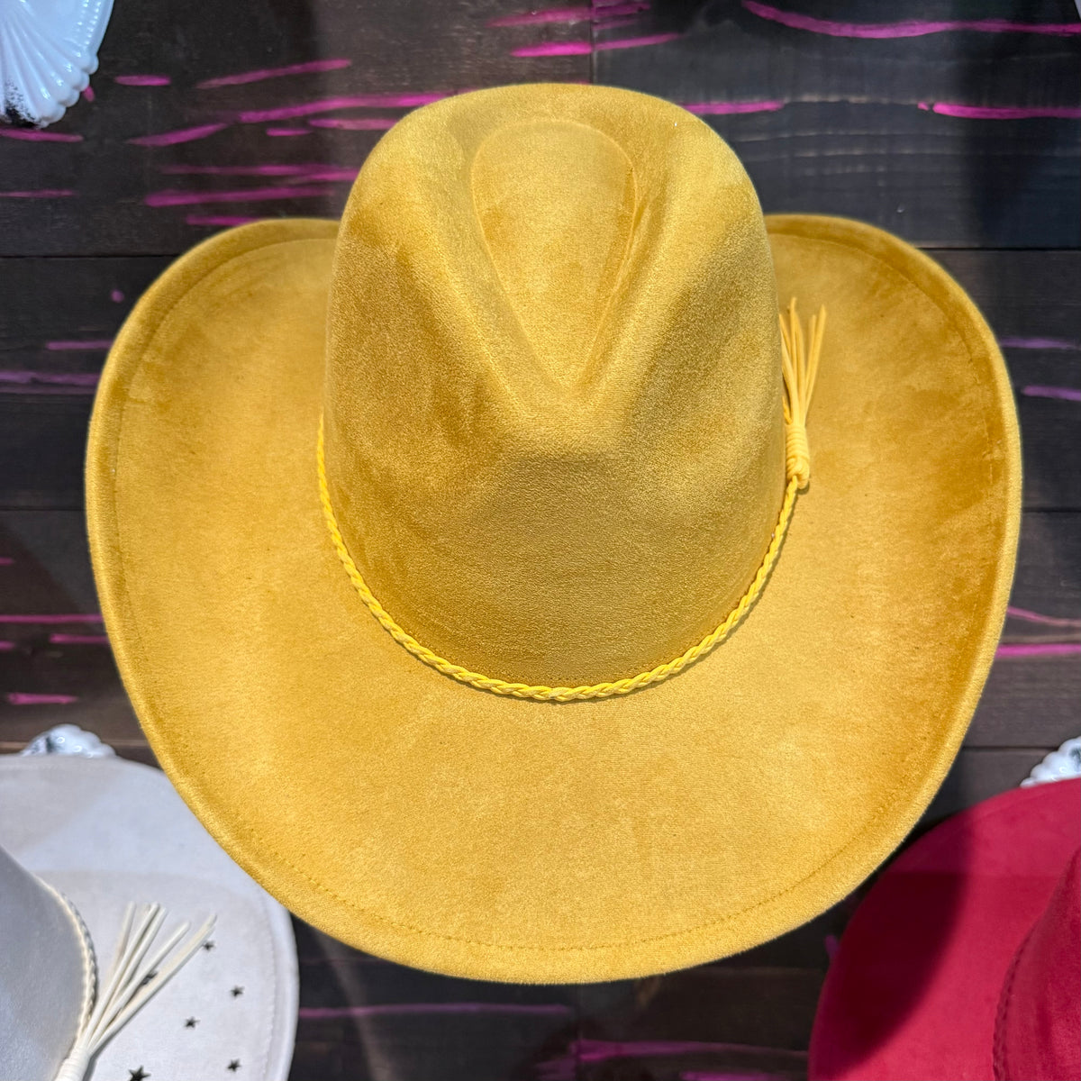 Mustard vegan suede cowboy hat with wide brim and stitched band