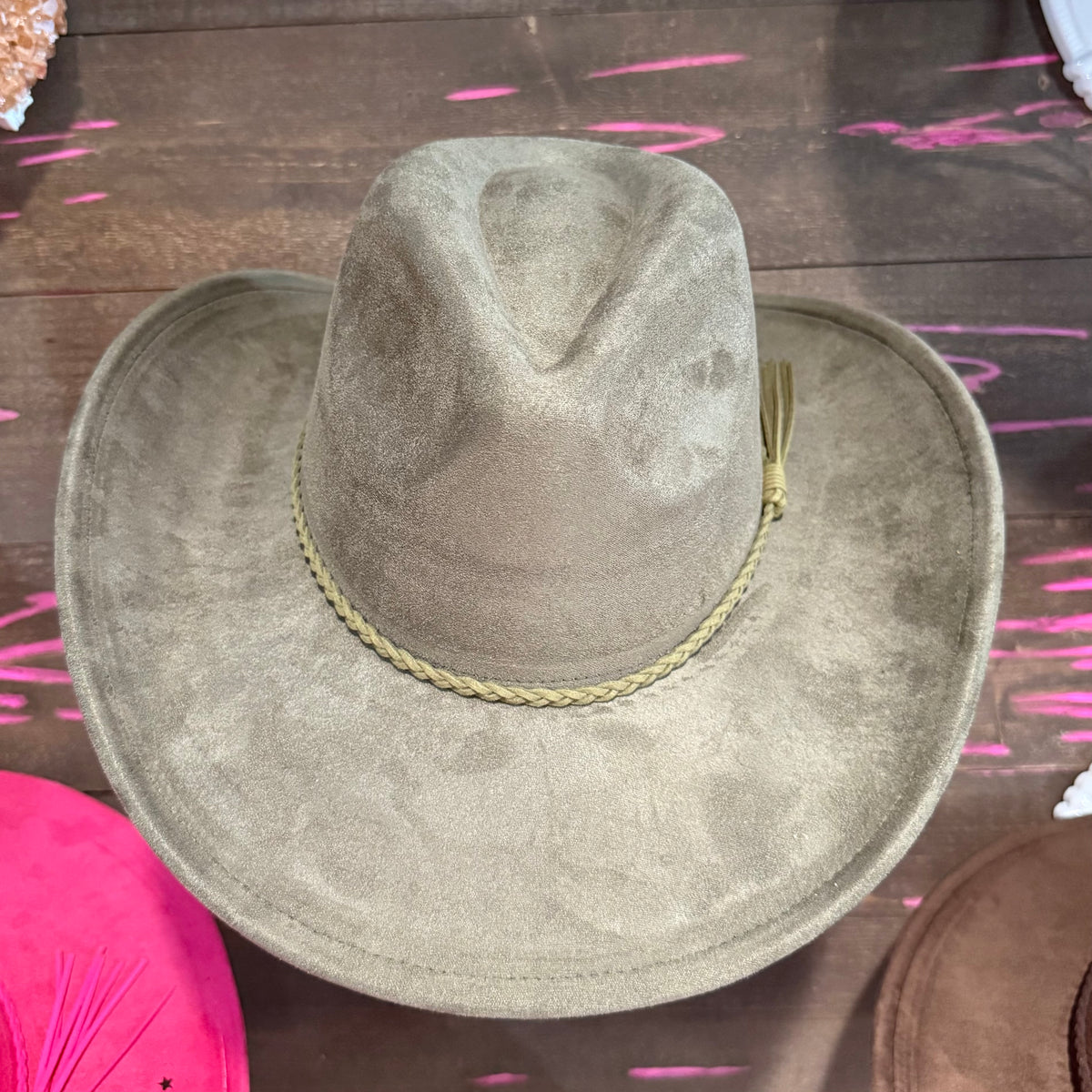 Olive vegan suede cowboy hat with wide brim and stitched trim