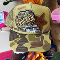 Mother Trucker Hat in olive camo with embroidered 'Keep on Truckin' front patch