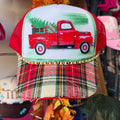 Christmas truck cap with embroidered red pickup on white front and plaid brim