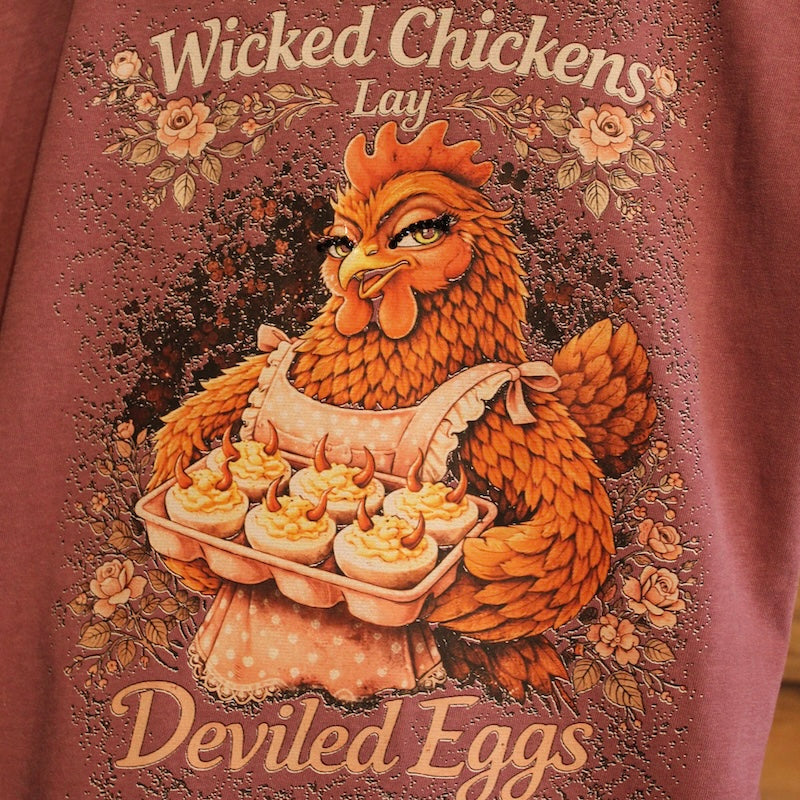 “Wicked Chickens Lay Deviled Eggs” Tee (Plum | Comfort Colors)