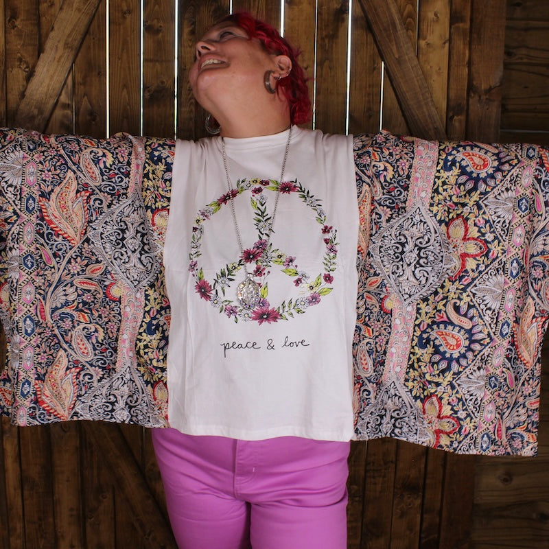 Floral Peace Batwing Top – Boho Oversized Statement Tee