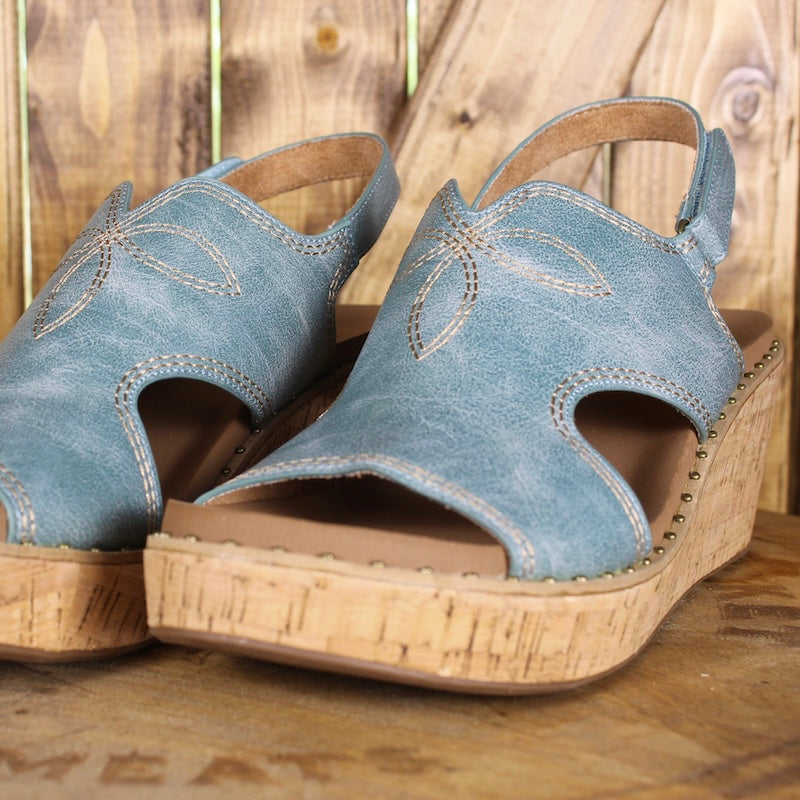 Corkys Darlin Turquoise Wedge Sandals – Western Comfort Platform, Velcro Ankle Strap