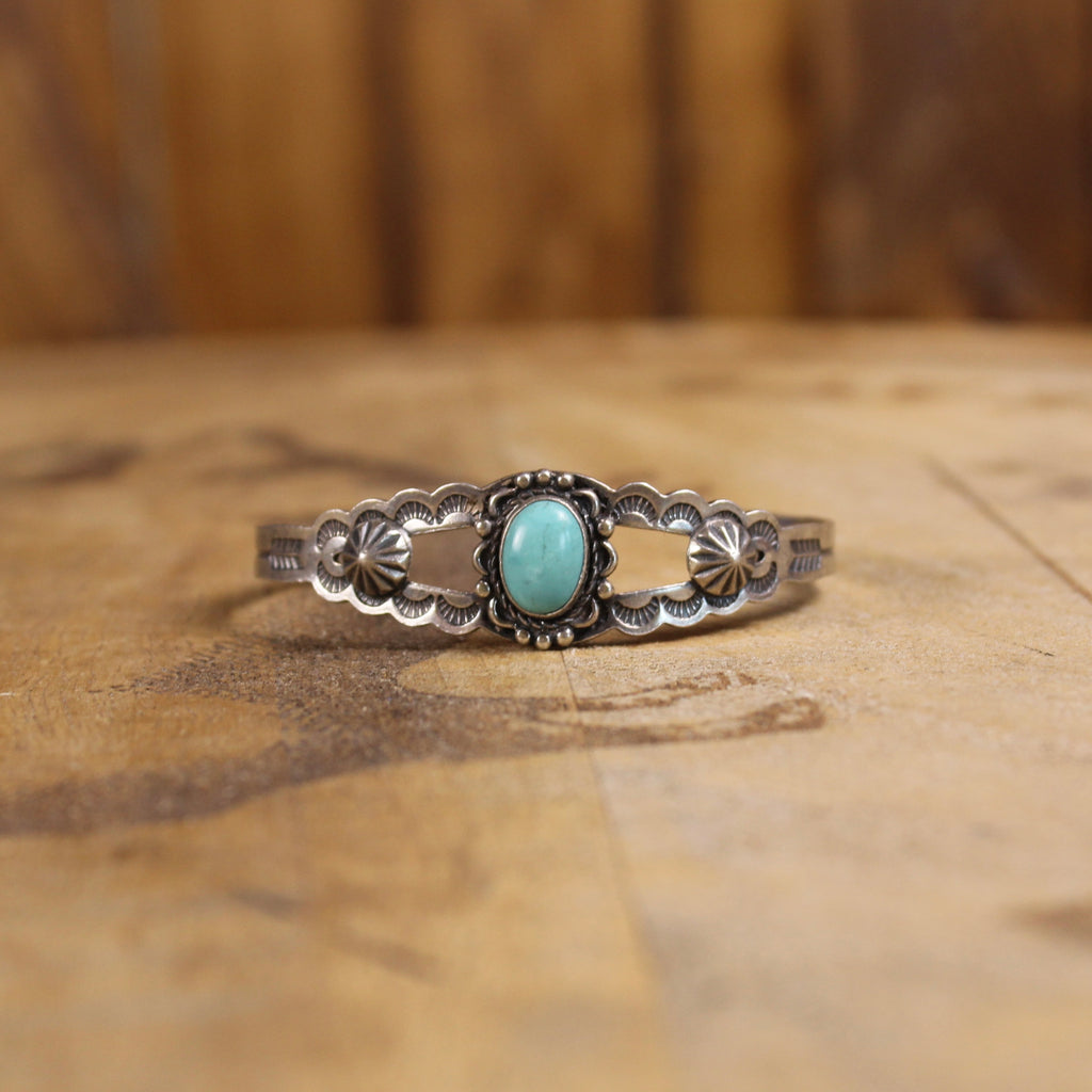 Vintage Fred Harvey Era Sterling Silver & Turquoise Open Cuff Bracelet | Hand-Stamped Southwestern Jewelry