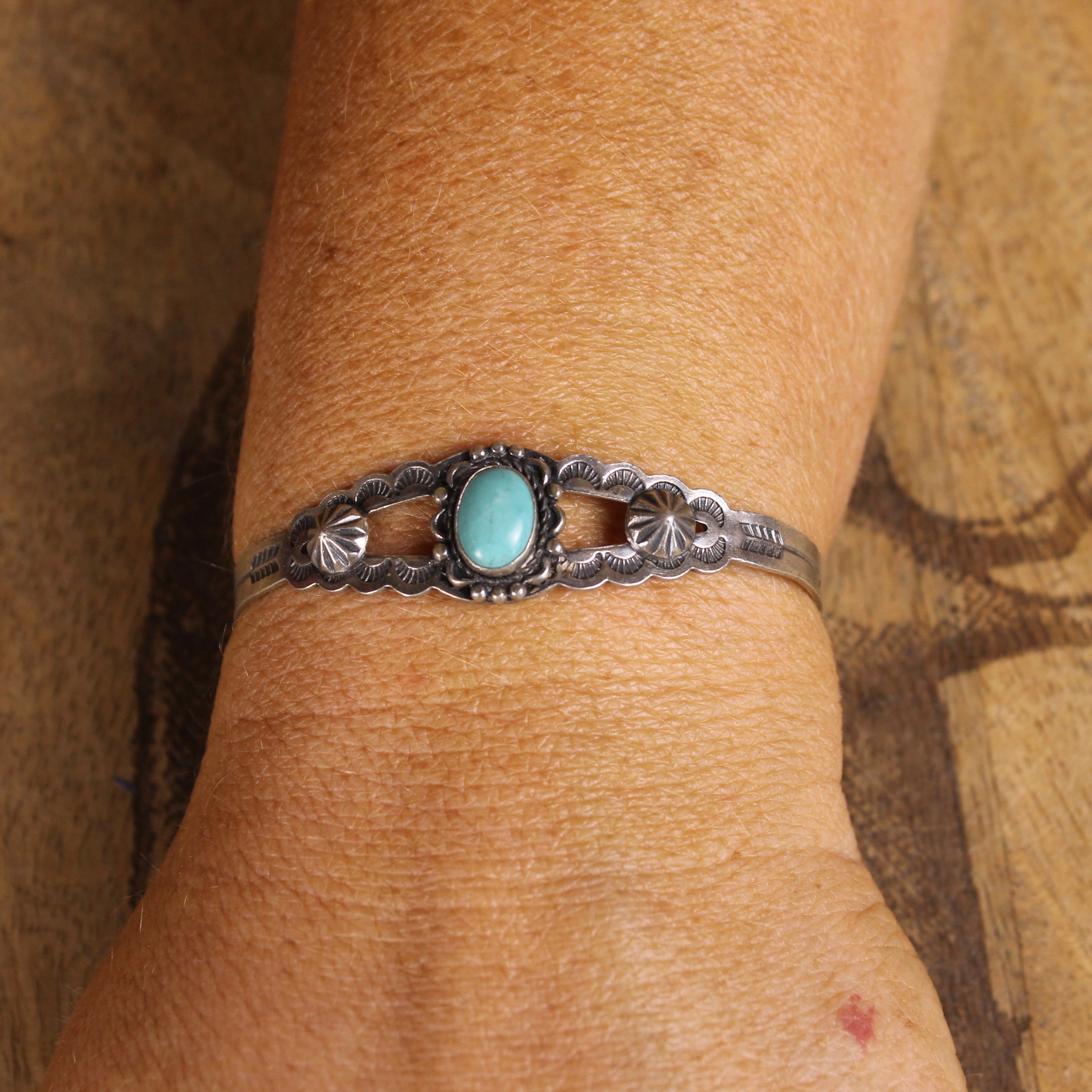 Vintage Fred Harvey Era Sterling Silver & Turquoise Open Cuff Bracelet | Hand-Stamped Southwestern Jewelry