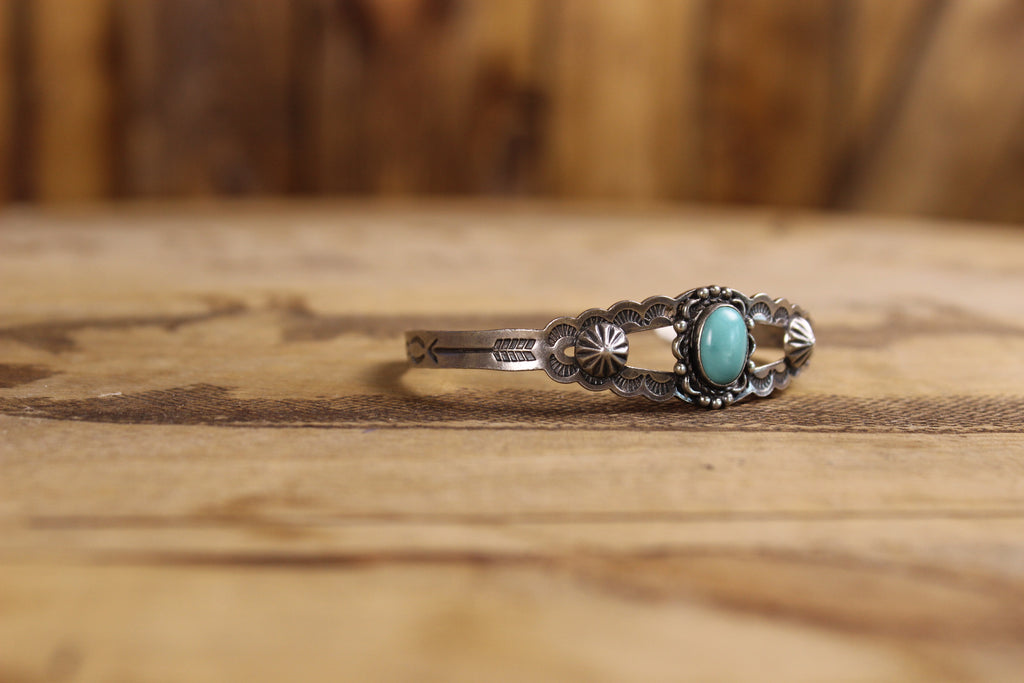 Vintage Fred Harvey Era Sterling Silver & Turquoise Open Cuff Bracelet | Hand-Stamped Southwestern Jewelry