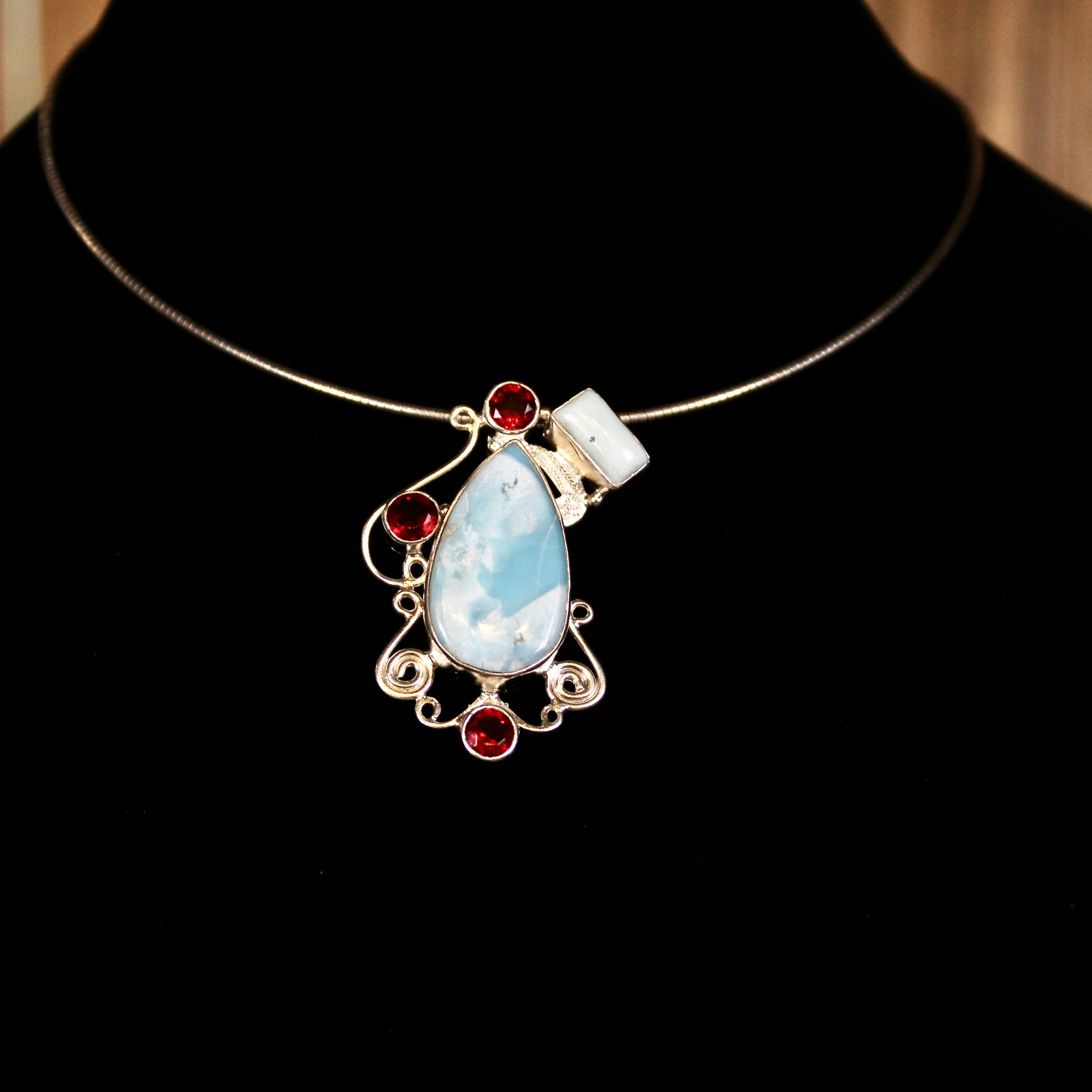Vintage 925 Sterling Silver Blue Stone & Red Accent Pendant Necklace | Artisan Scrollwork Design