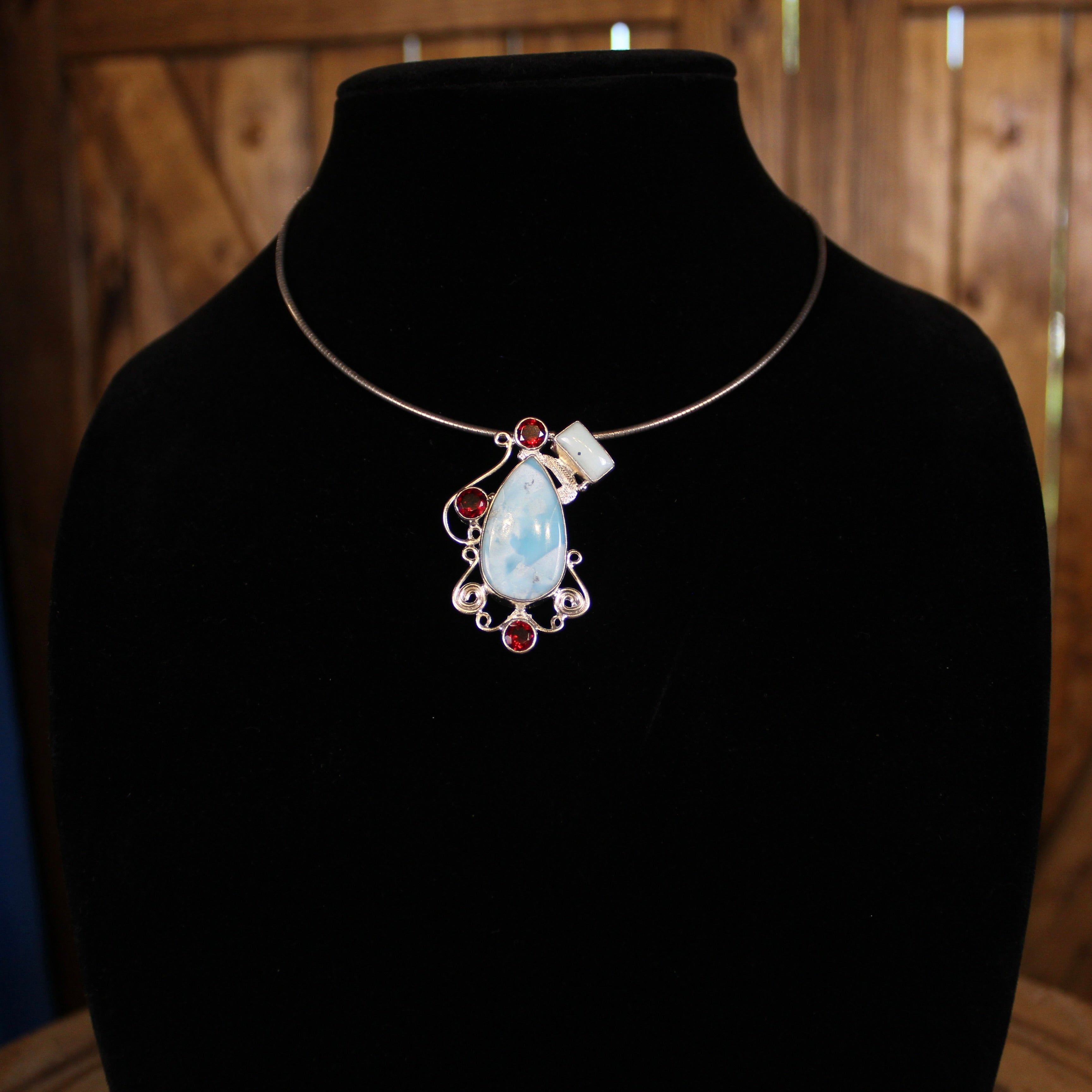 Vintage 925 Sterling Silver Blue Stone & Red Accent Pendant Necklace | Artisan Scrollwork Design