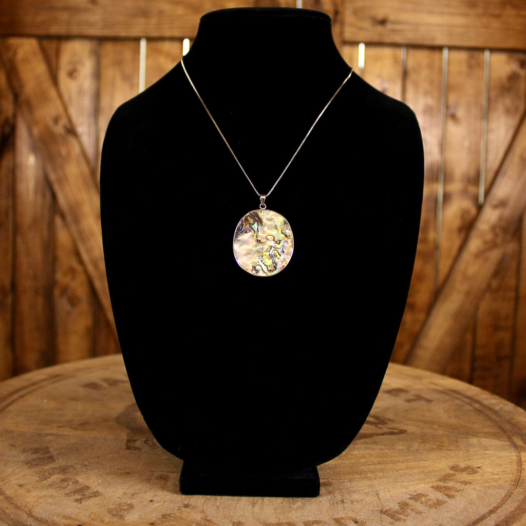 Vintage 925 Sterling Silver Double-Sided Abalone Shell Pendant Necklace | Oval Statement Pendant | 1990–2010