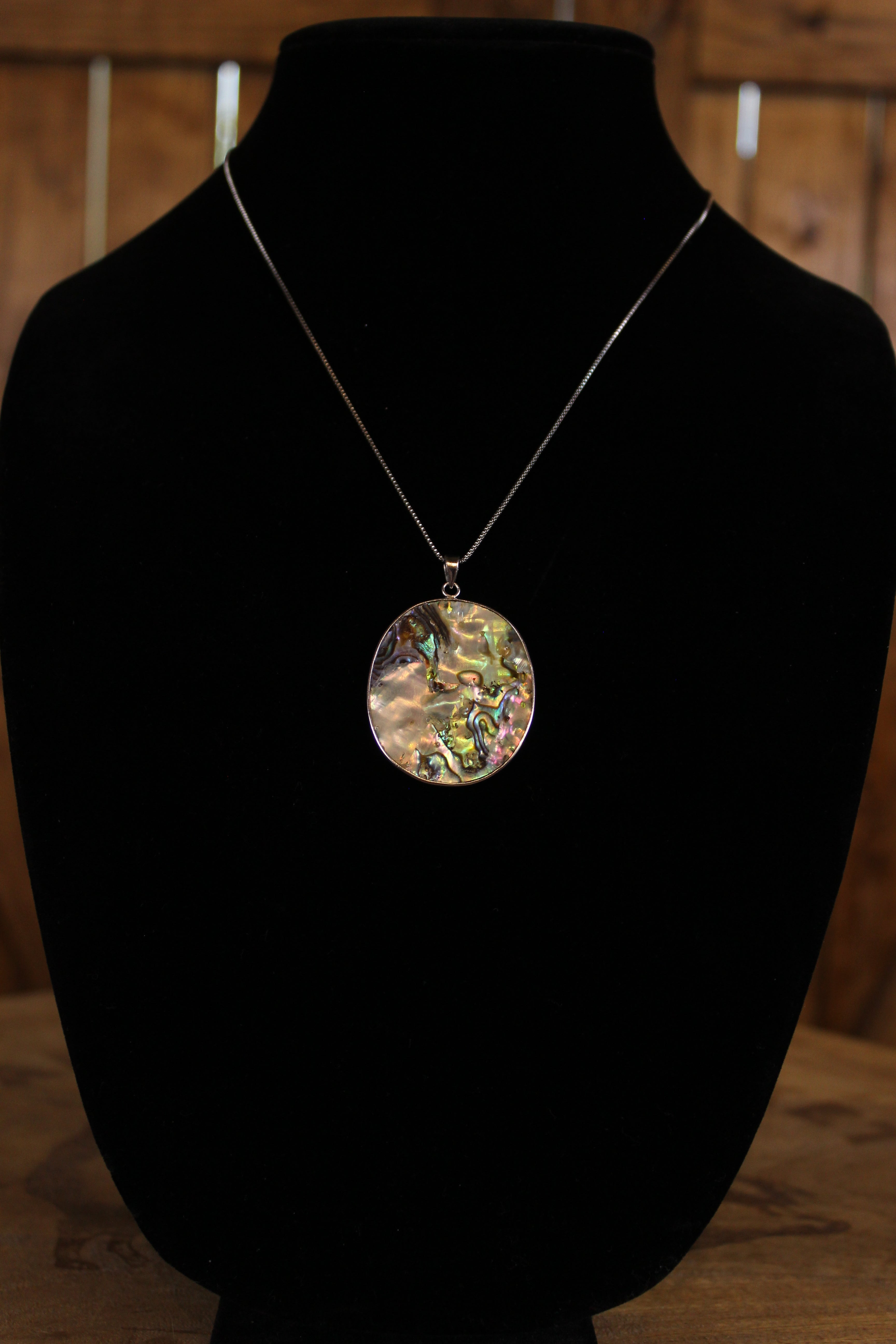 Vintage 925 Sterling Silver Double-Sided Abalone Shell Pendant Necklace | Oval Statement Pendant | 1990–2010