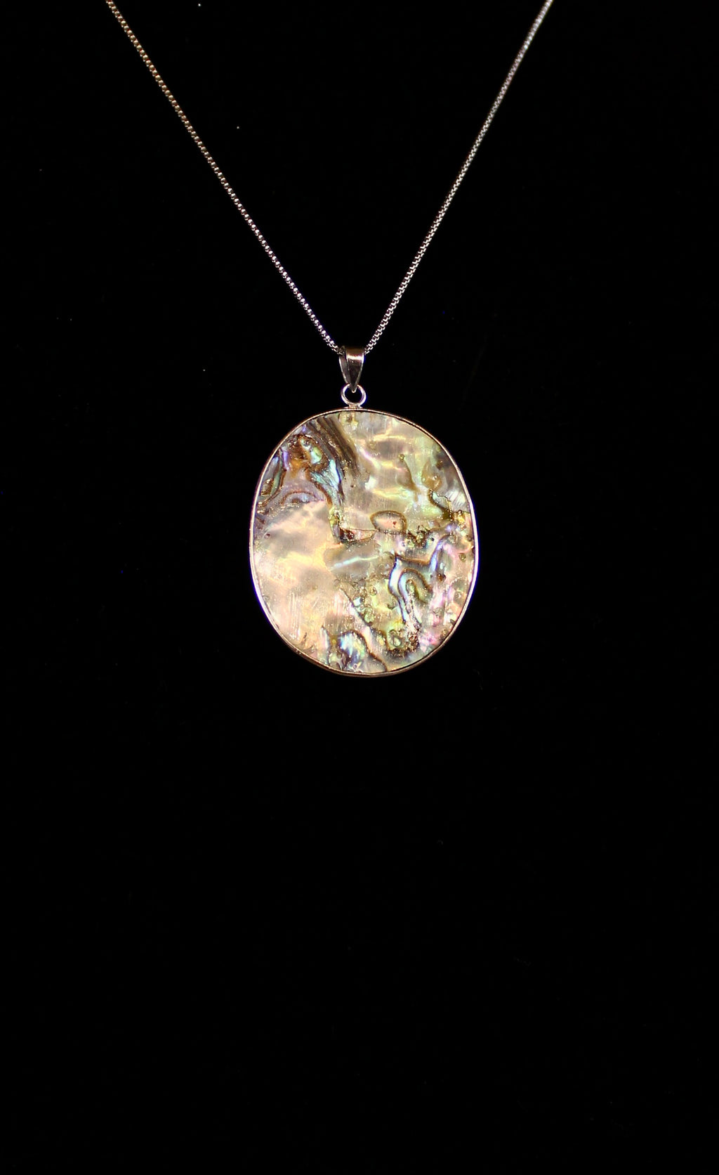 Vintage 925 Sterling Silver Double-Sided Abalone Shell Pendant Necklace | Oval Statement Pendant | 1990–2010