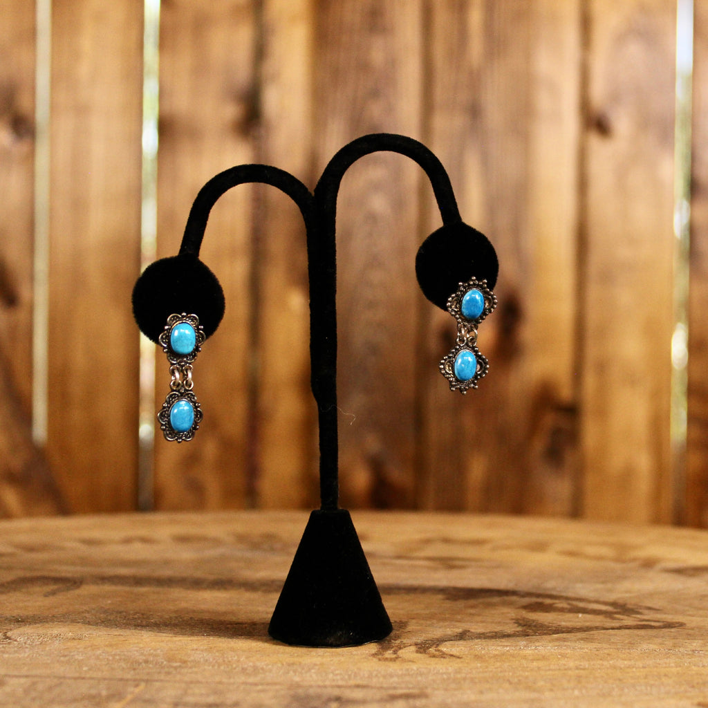 Vintage Sterling Silver Turquoise Double Drop Earrings | Handmade Southwestern Mexican Jewelry | 1970s–1990s