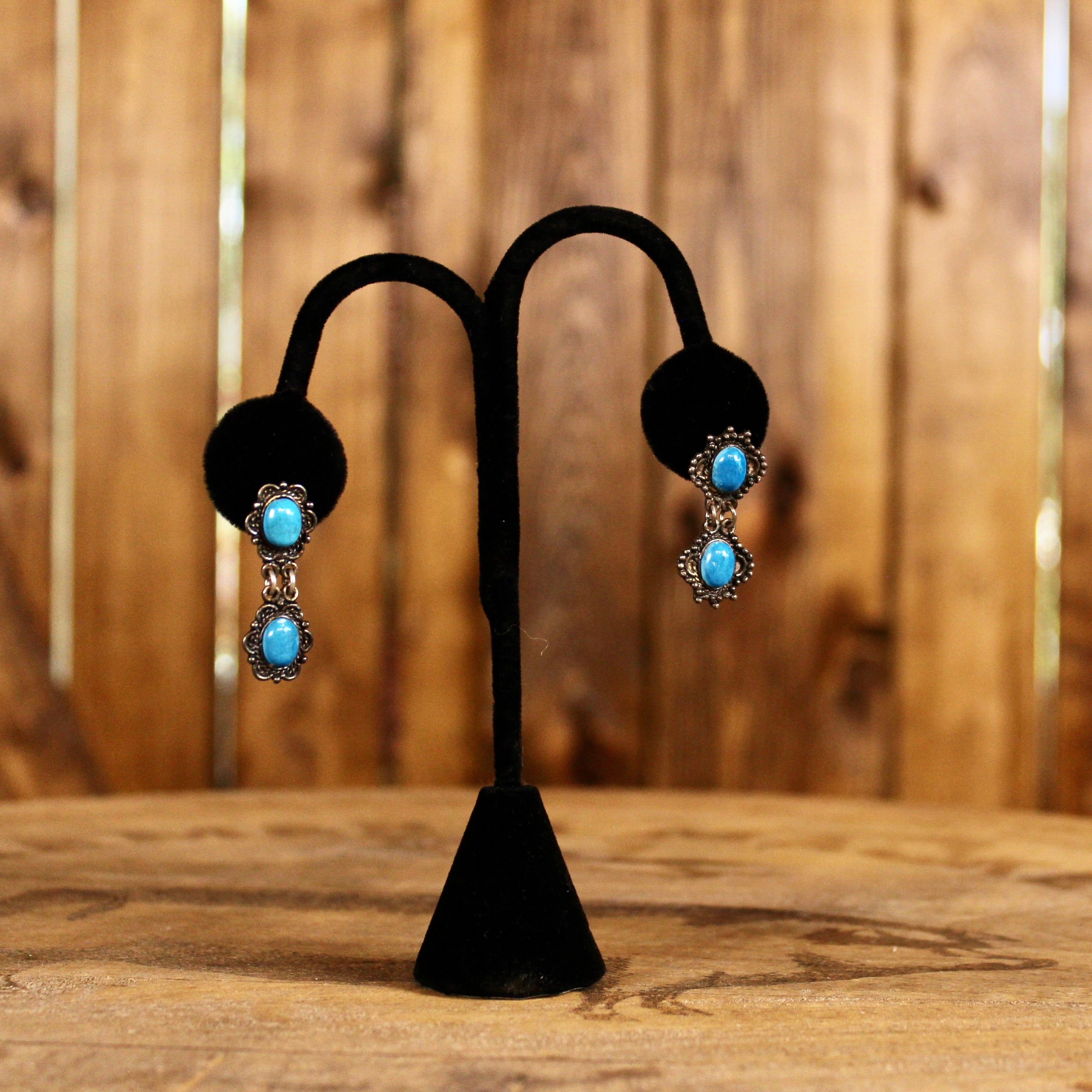 Vintage Sterling Silver Turquoise Double Drop Earrings | Handmade Southwestern Mexican Jewelry | 1970s–1990s