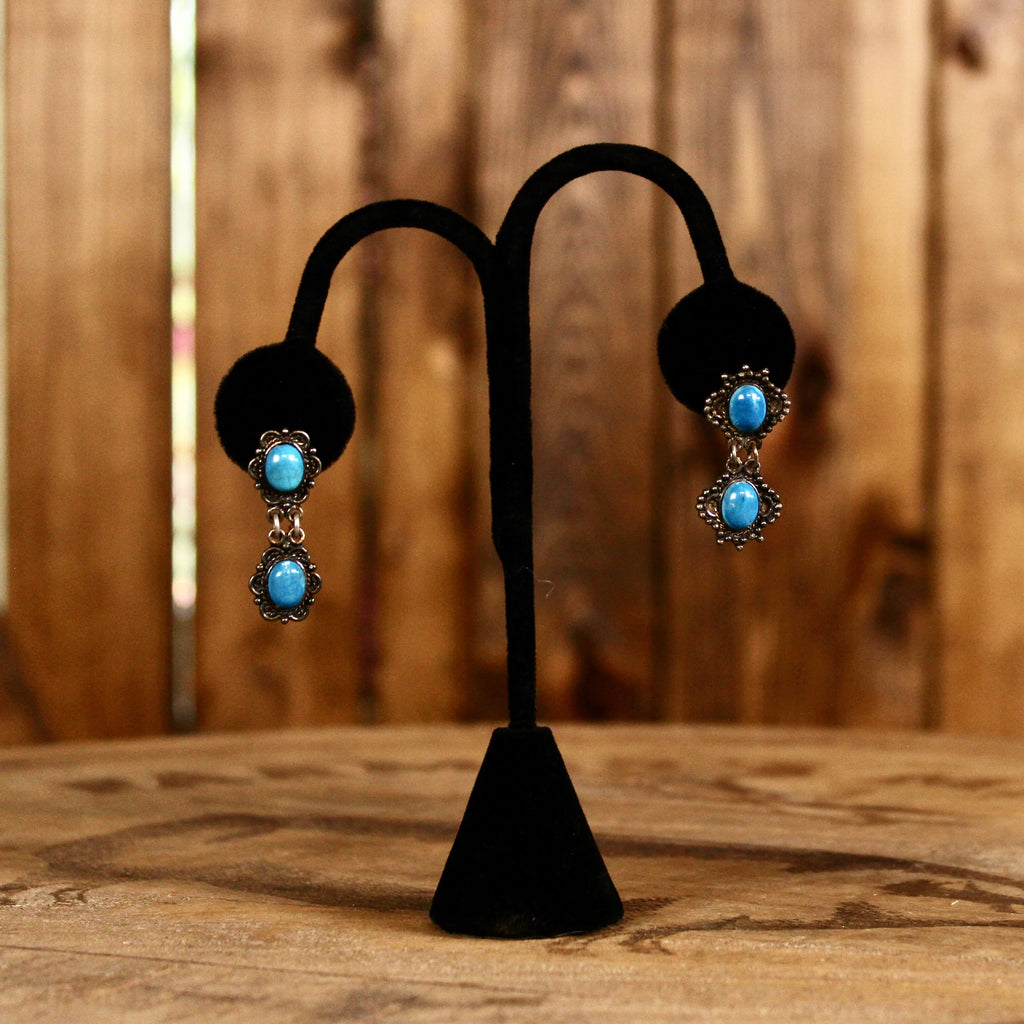 Vintage Sterling Silver Turquoise Double Drop Earrings | Handmade Southwestern Mexican Jewelry | 1970s–1990s