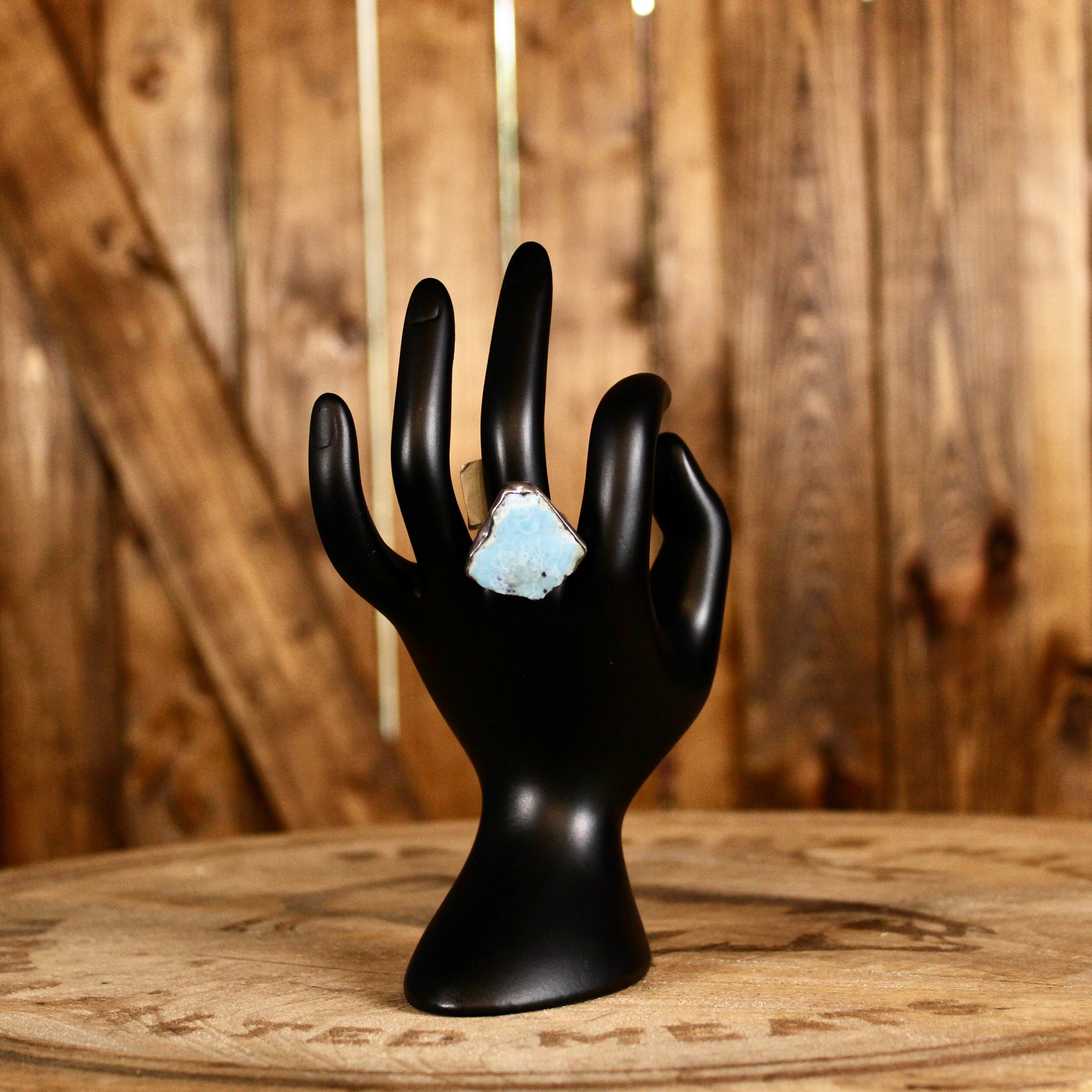 Vintage Larimar Ring | Rough Cut Blue Stone | Modernist Sterling Silver | 1970s–1990s