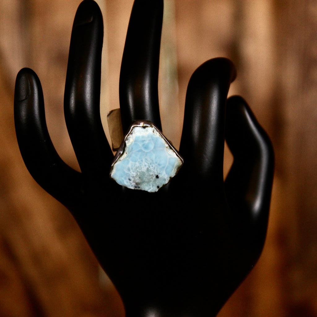 Vintage Larimar Ring | Rough Cut Blue Stone | Modernist Sterling Silver | 1970s–1990s