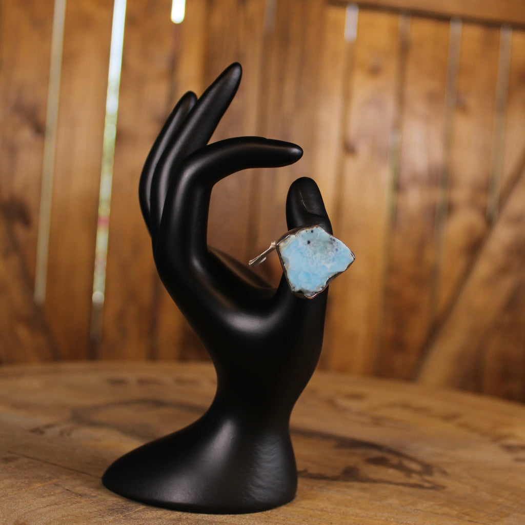 Vintage Larimar Ring | Rough Cut Blue Stone | Modernist Sterling Silver | 1970s–1990s