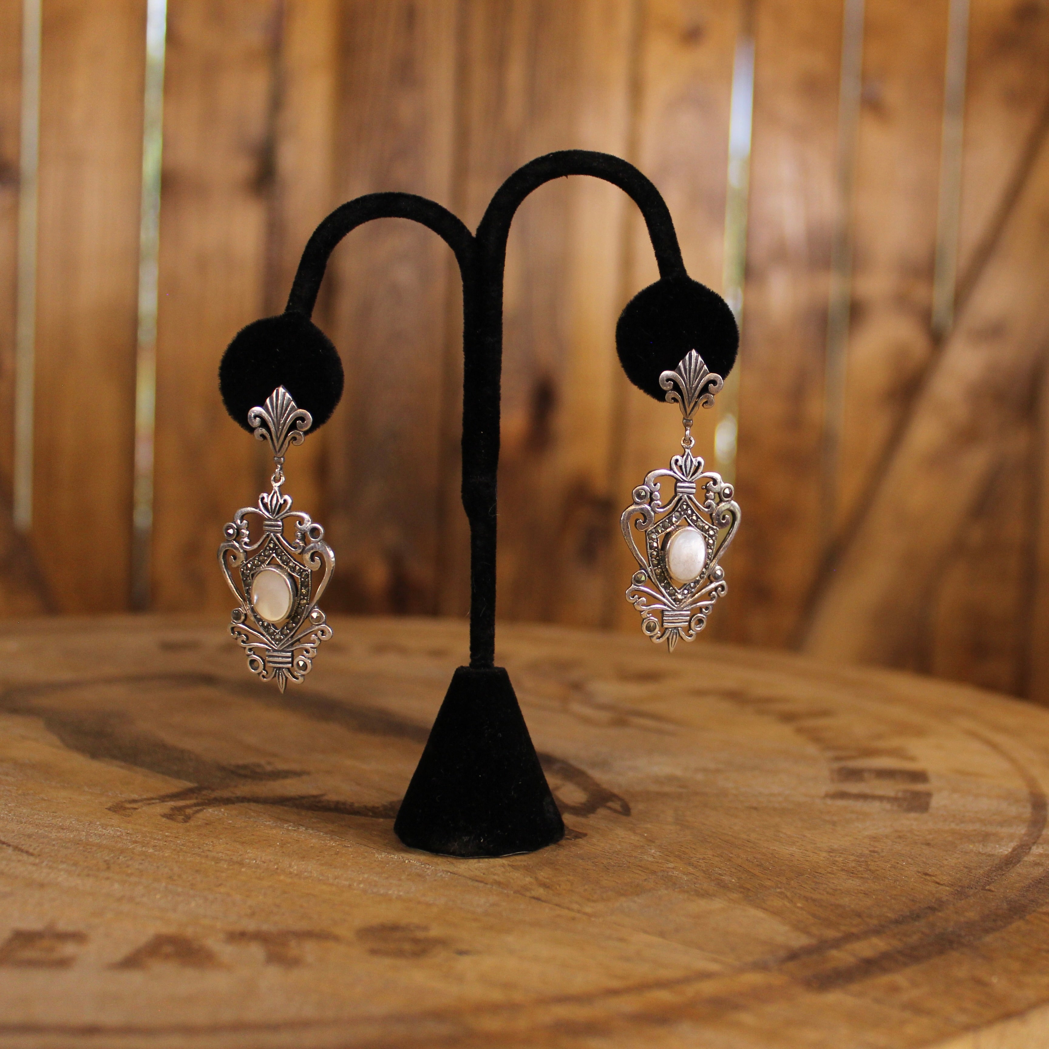 Vintage Sterling Silver Mother of Pearl Earrings | Art Nouveau Openwork Dangles | Victorian Revival | 1980s–2000s