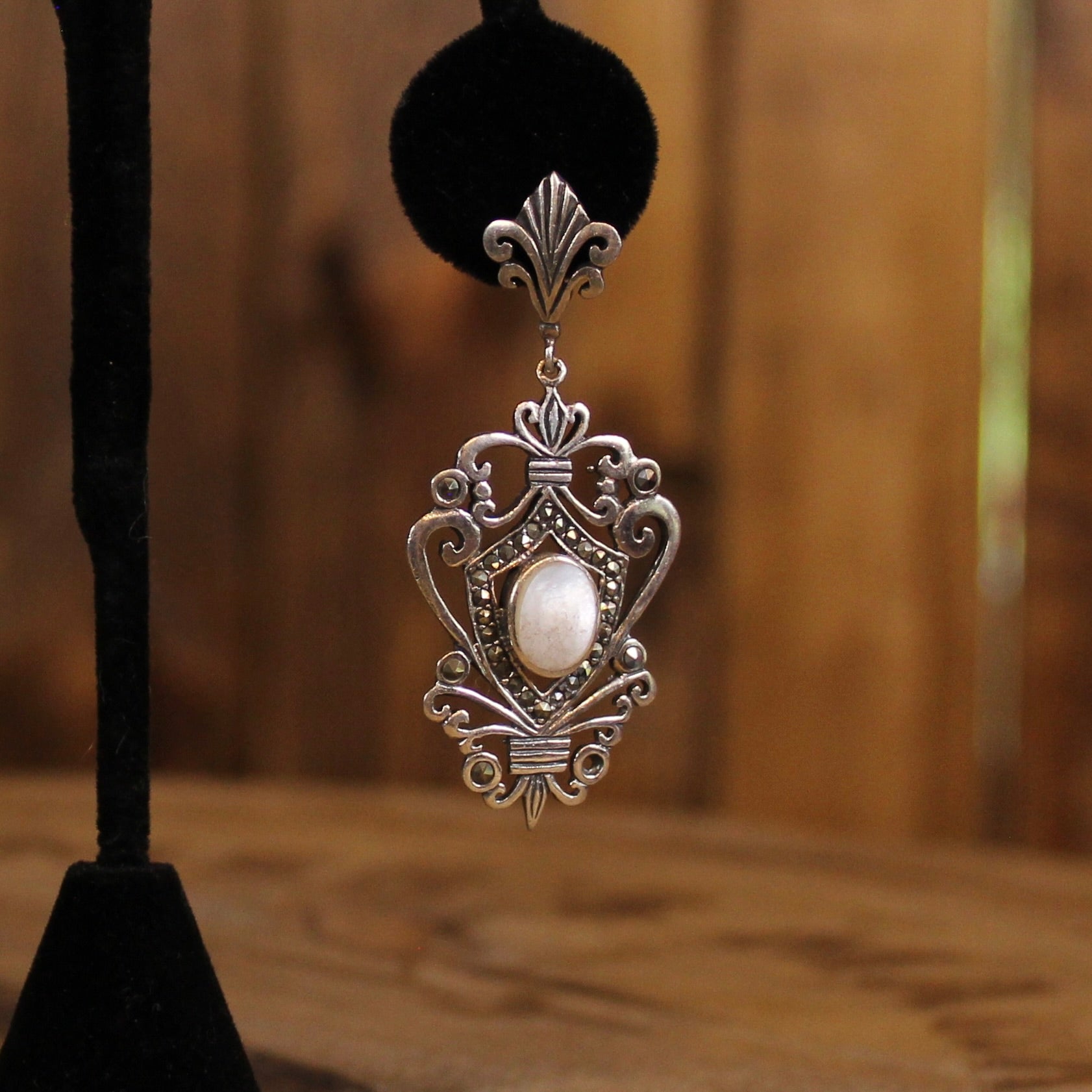 Vintage Sterling Silver Mother of Pearl Earrings | Art Nouveau Openwork Dangles | Victorian Revival | 1980s–2000s