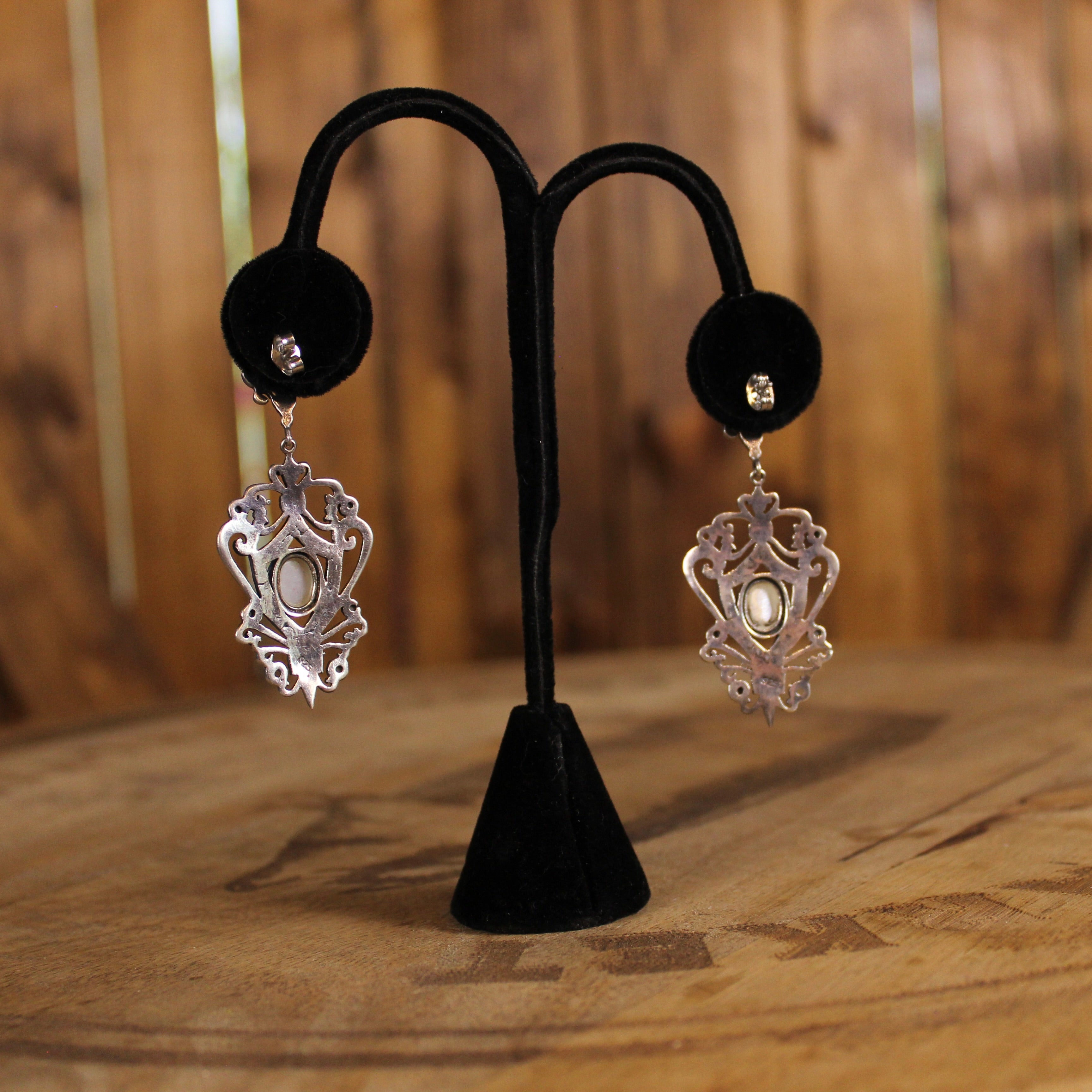 Vintage Sterling Silver Mother of Pearl Earrings | Art Nouveau Openwork Dangles | Victorian Revival | 1980s–2000s