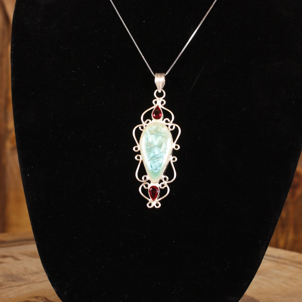 Vintage Artisan Sterling Silver Wirework Pendant | Pear-Shaped Blue Stone with Red Accent Gems
