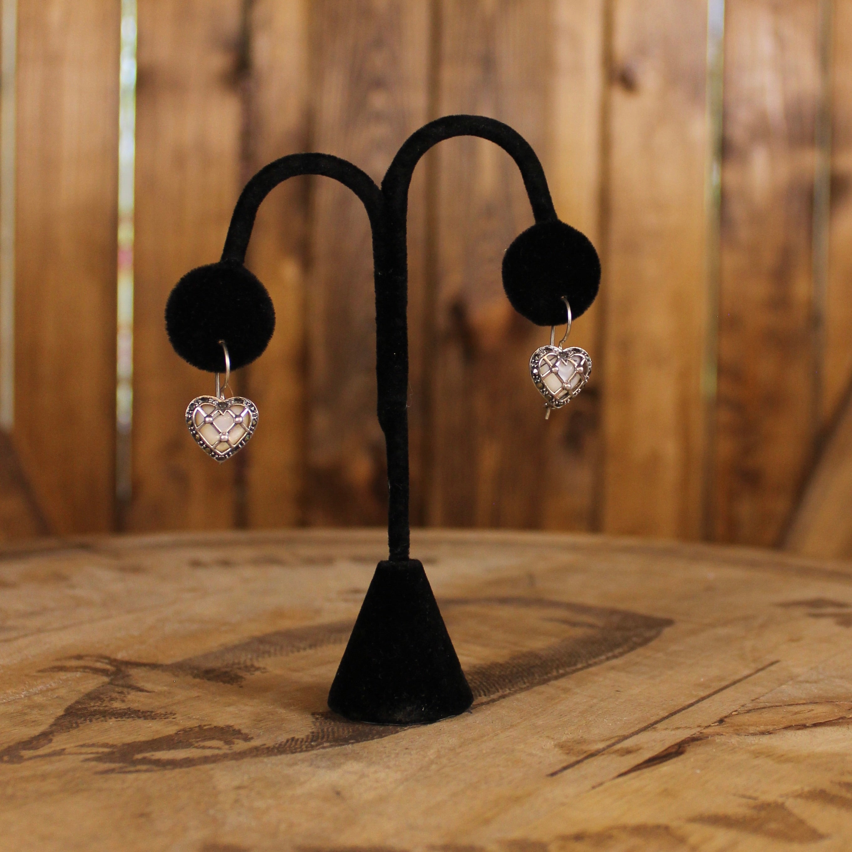 Vintage Sterling Silver Open Heart Earrings | Iridescent Inlay & Marcasite Style