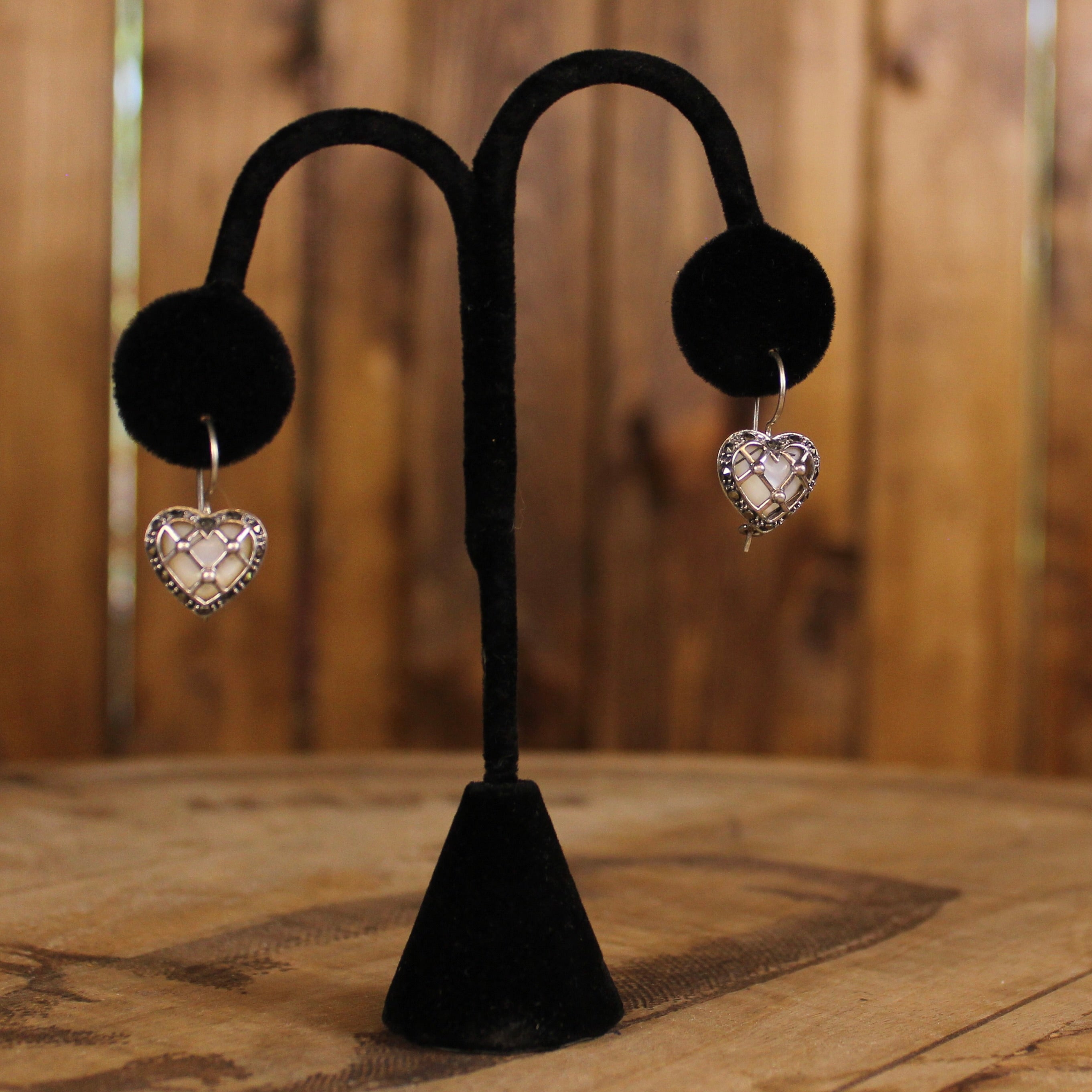 Vintage Sterling Silver Open Heart Earrings | Iridescent Inlay & Marcasite Style