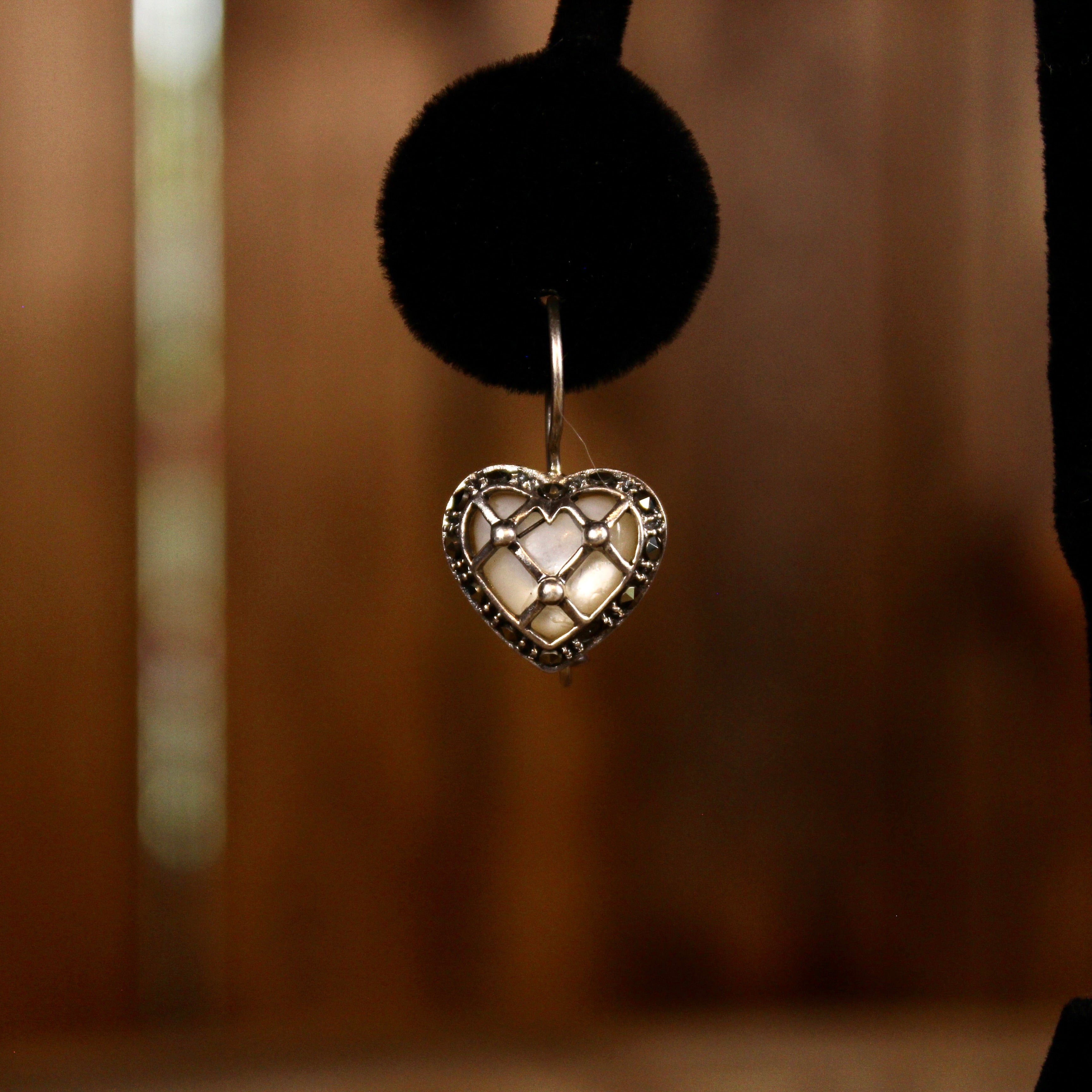 Vintage Sterling Silver Open Heart Earrings | Iridescent Inlay & Marcasite Style