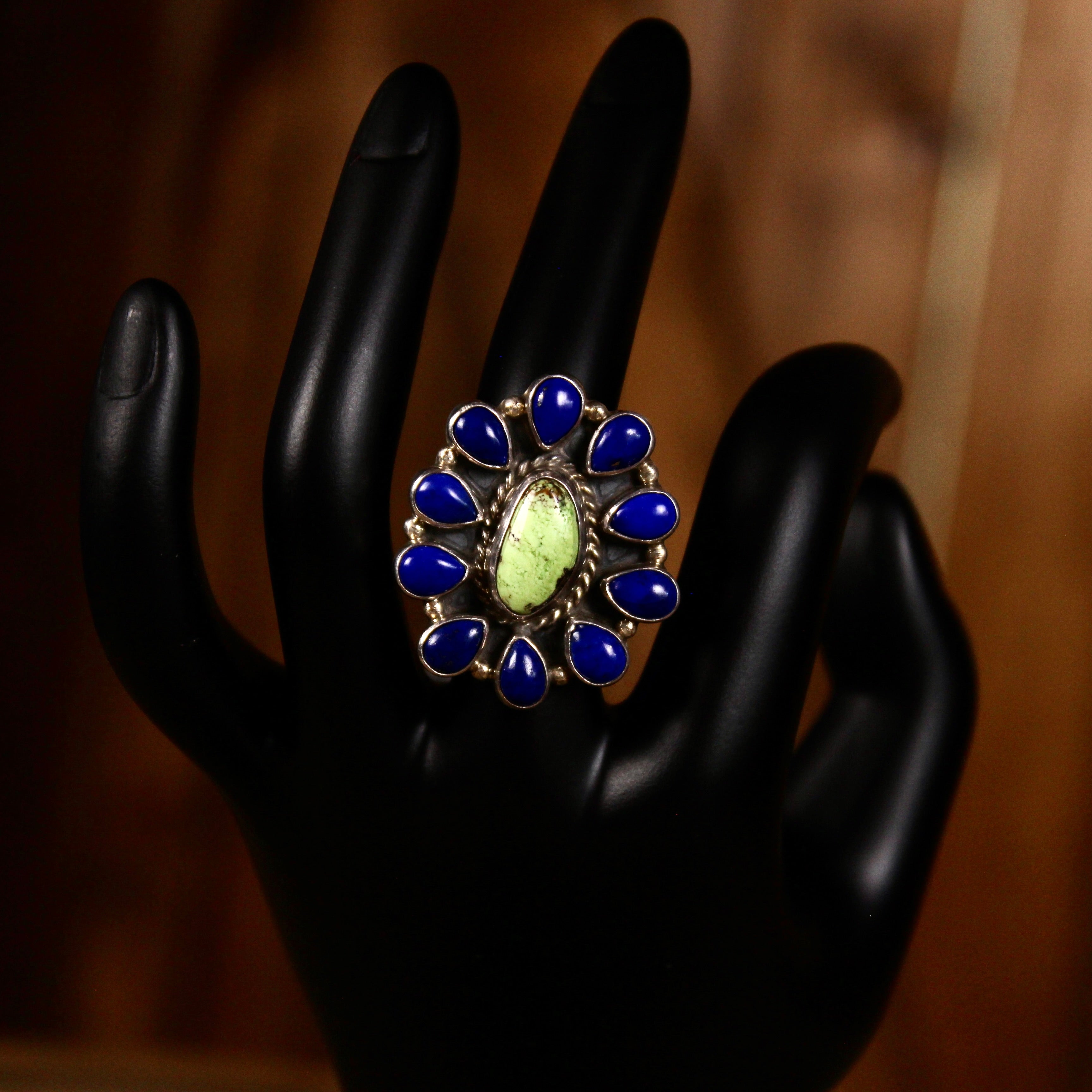 Vintage Southwestern Cluster Ring | Green Narsicite & Cobalt Blue Stones | Handmade