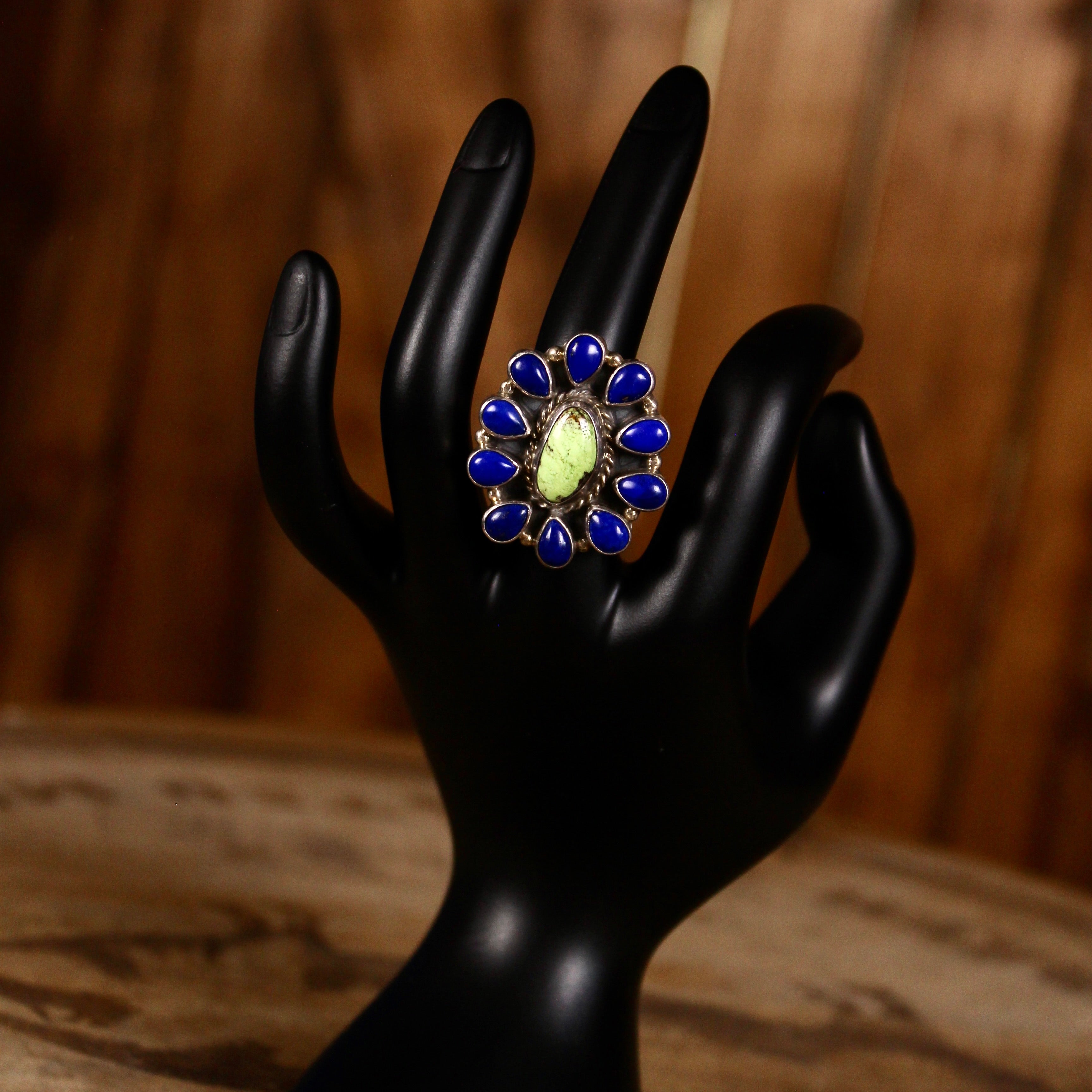 Vintage Southwestern Cluster Ring | Green Narsicite & Cobalt Blue Stones | Handmade
