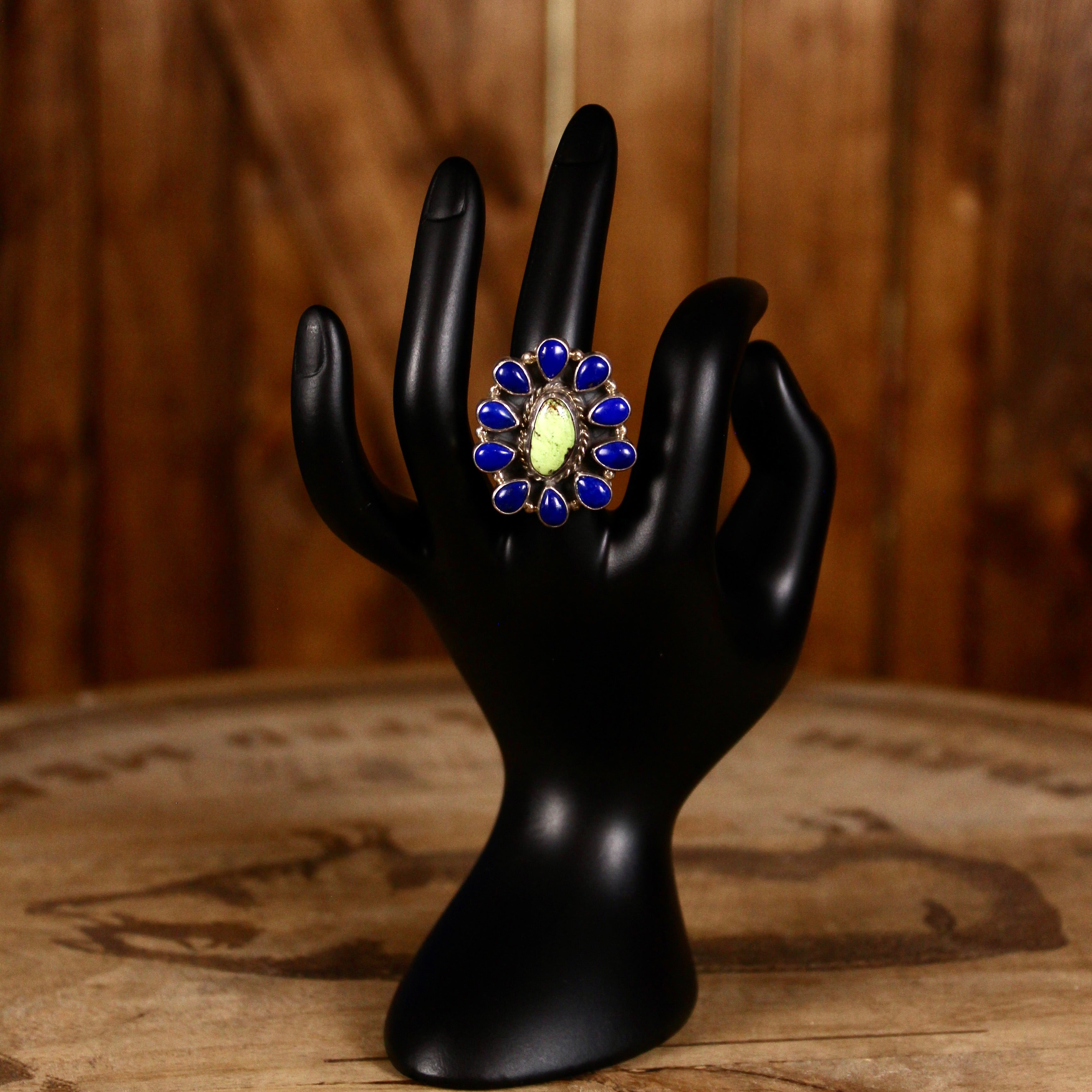 Vintage Southwestern Cluster Ring | Green Narsicite & Cobalt Blue Stones | Handmade