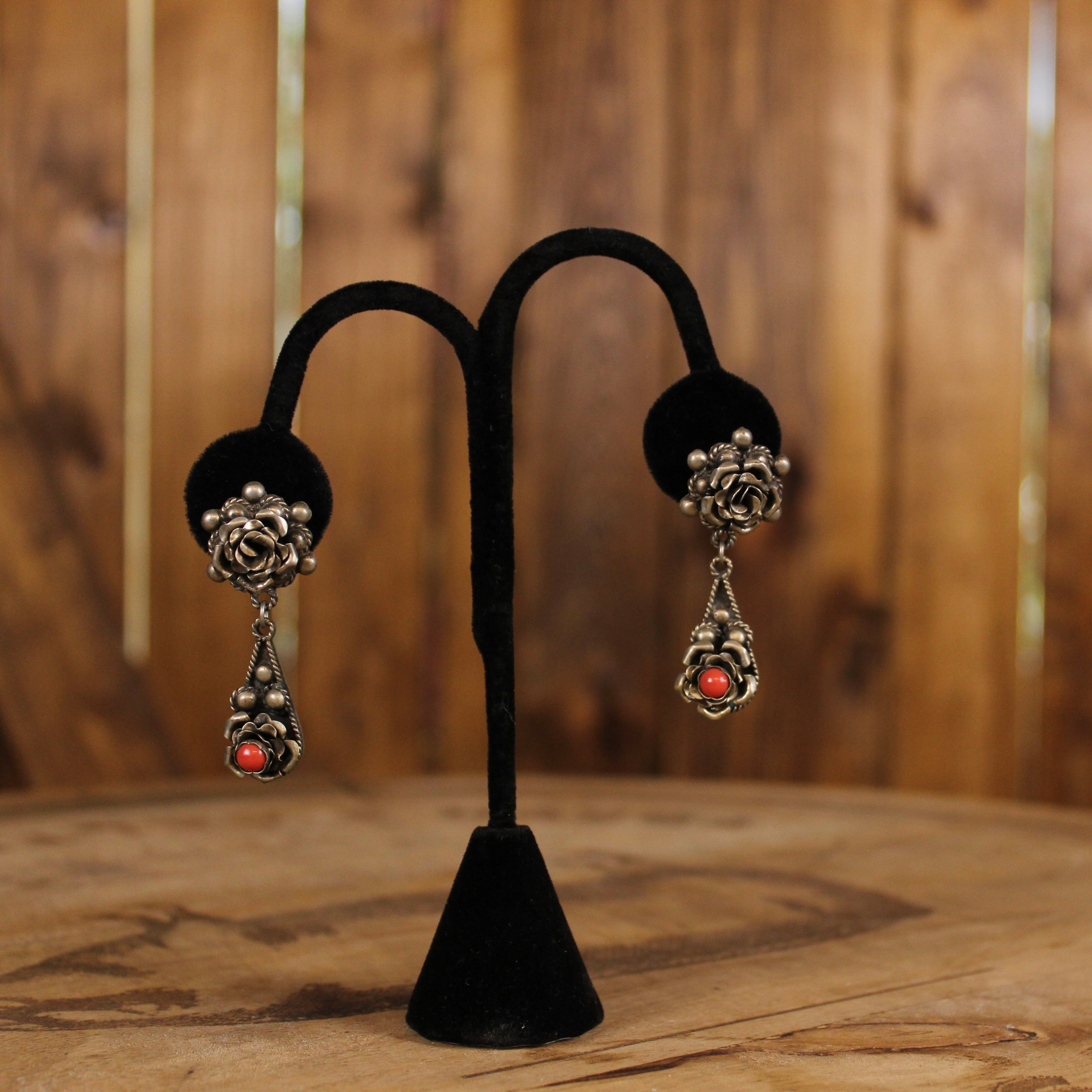 Vintage Italian Sterling Silver Turquoise Pendant Necklace & Handmade Floral Earring Set