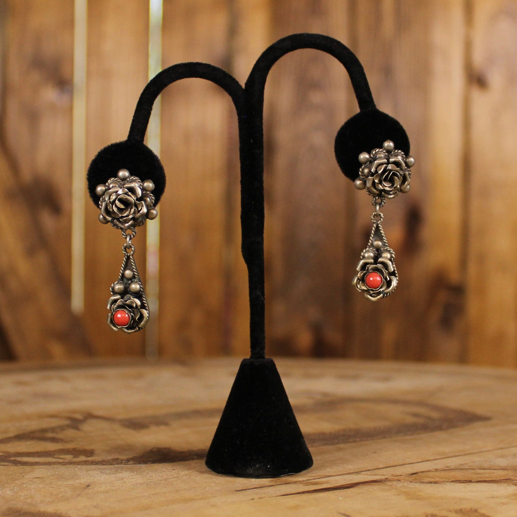 Vintage Italian Sterling Silver Turquoise Pendant Necklace & Handmade Floral Earring Set
