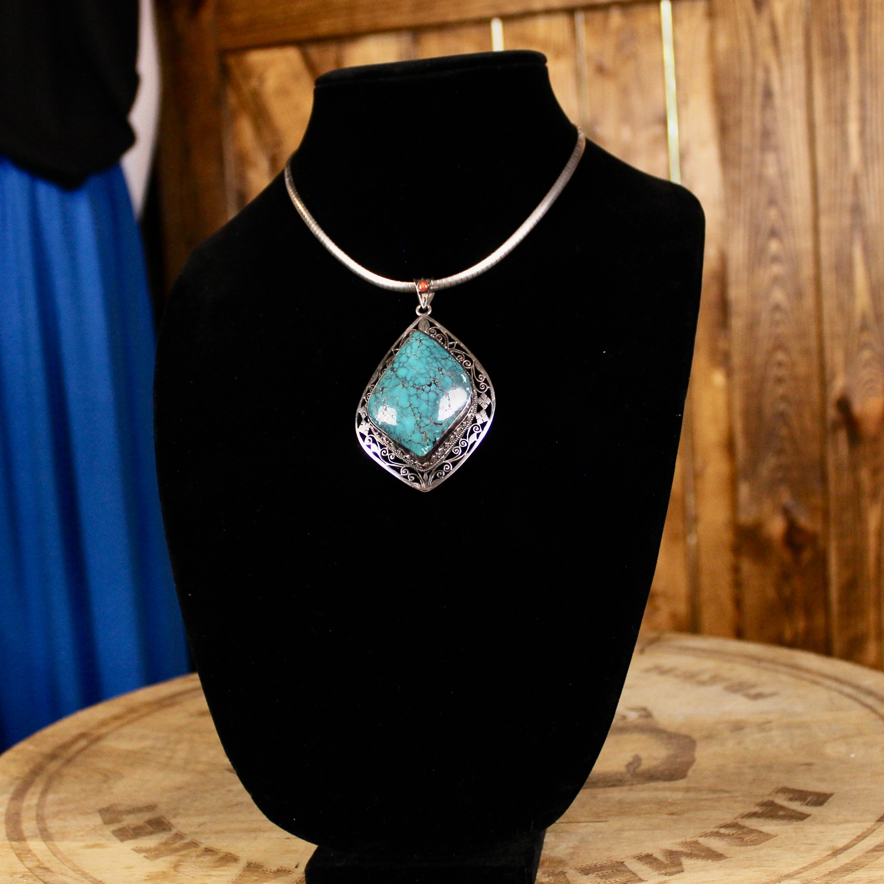 Vintage Italian Sterling Silver Turquoise Pendant Necklace & Handmade Floral Earring Set