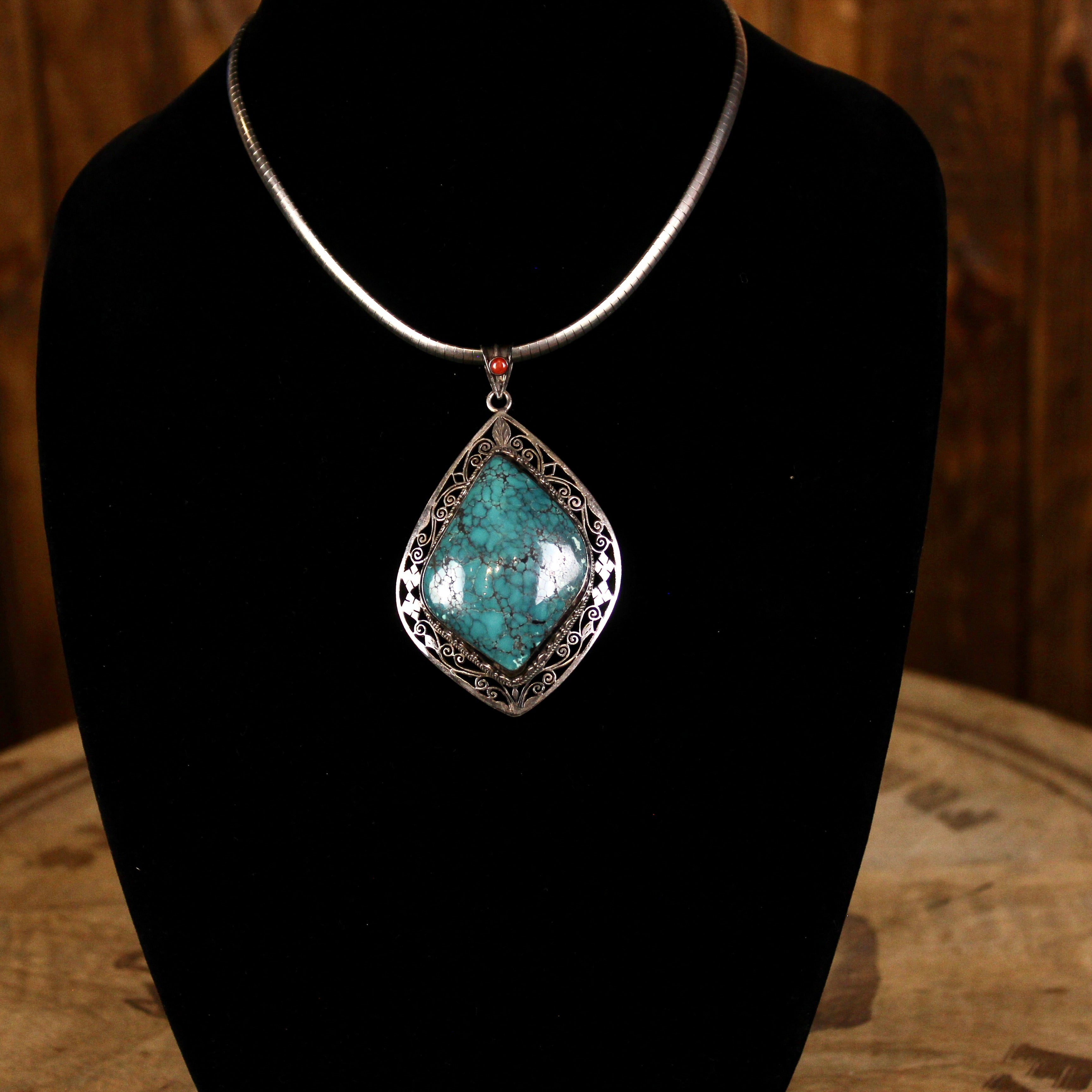 Vintage Italian Sterling Silver Turquoise Pendant Necklace & Handmade Floral Earring Set