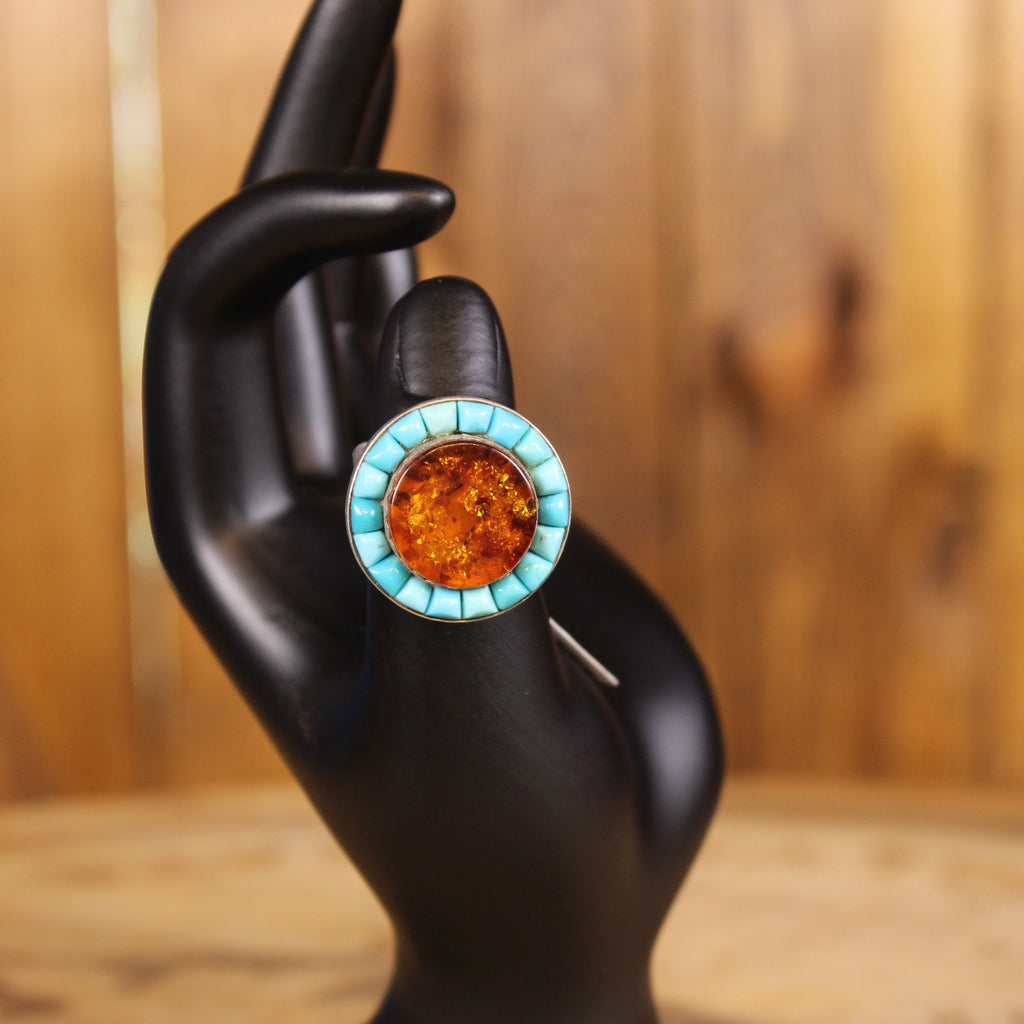 Vintage Mexican Amber & Turquoise Inlay Ring | Handmade Silver Statement Ring | Southwestern Style | 1970s–1990s