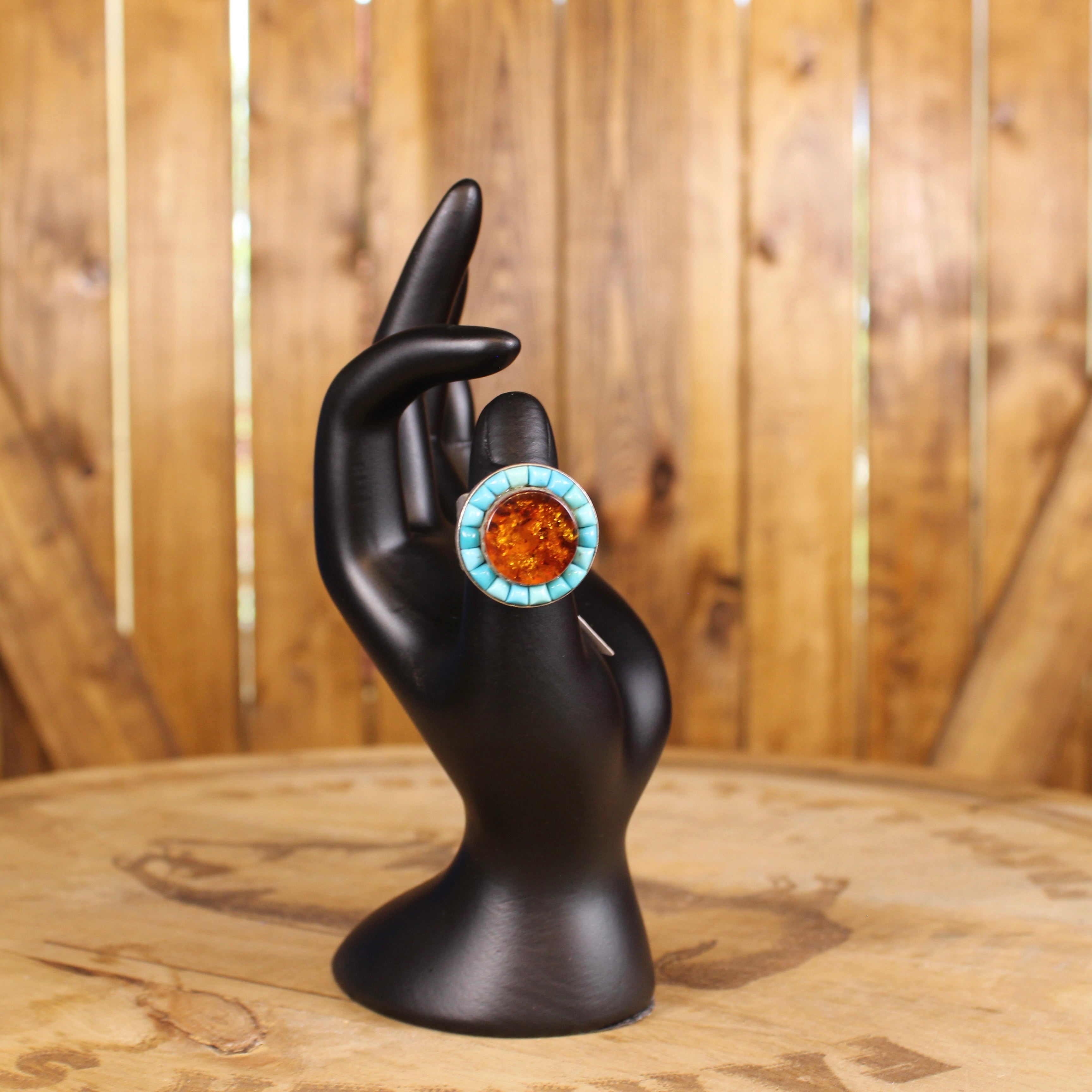 Vintage Mexican Amber & Turquoise Inlay Ring | Handmade Silver Statement Ring | Southwestern Style | 1970s–1990s