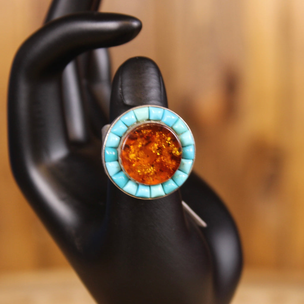 Vintage Mexican Amber & Turquoise Inlay Ring | Handmade Silver Statement Ring | Southwestern Style | 1970s–1990s