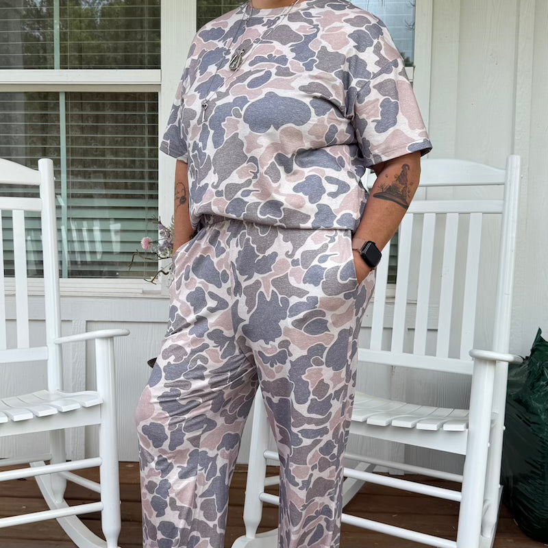 Vintage Duck Camo Matching Set – Relaxed Tee & Wide Leg Pants