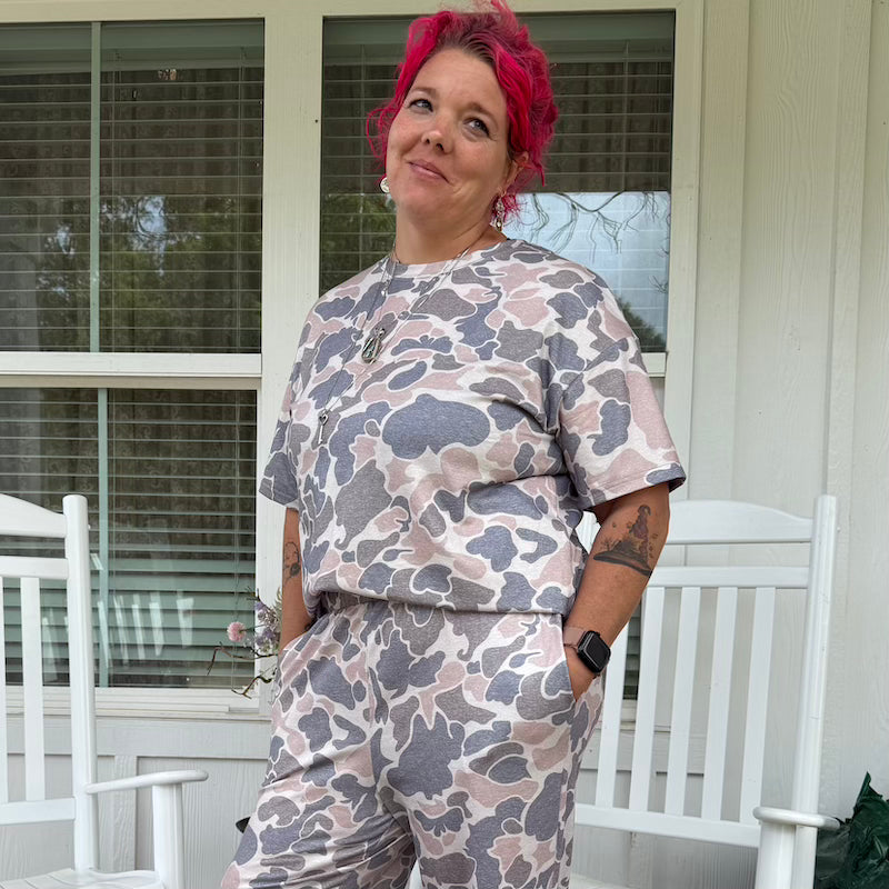 Vintage Duck Camo Matching Set – Relaxed Tee & Wide Leg Pants