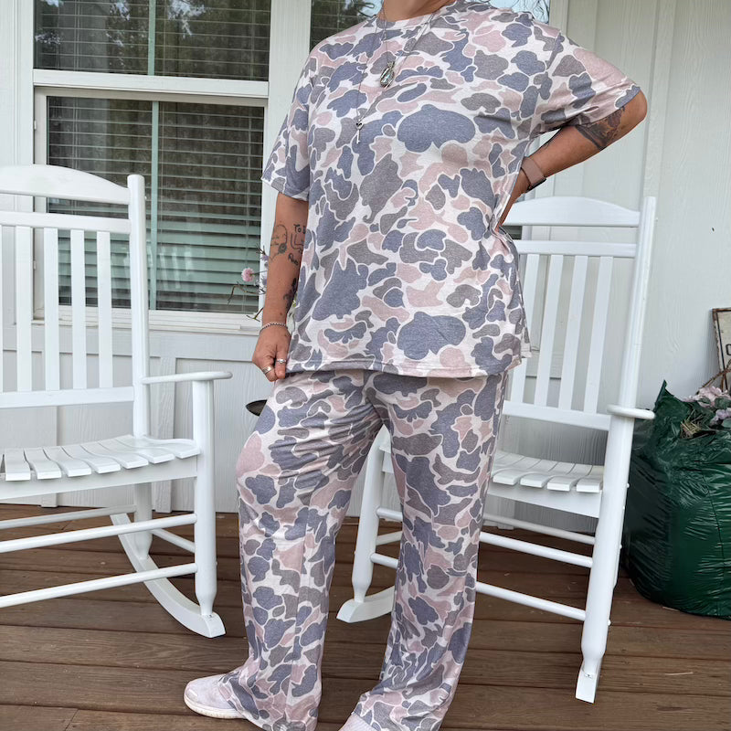 Vintage Duck Camo Matching Set – Relaxed Tee & Wide Leg Pants