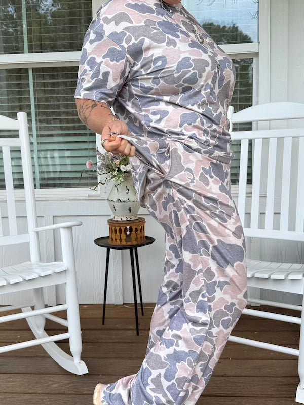 Vintage Duck Camo Matching Set – Relaxed Tee & Wide Leg Pants